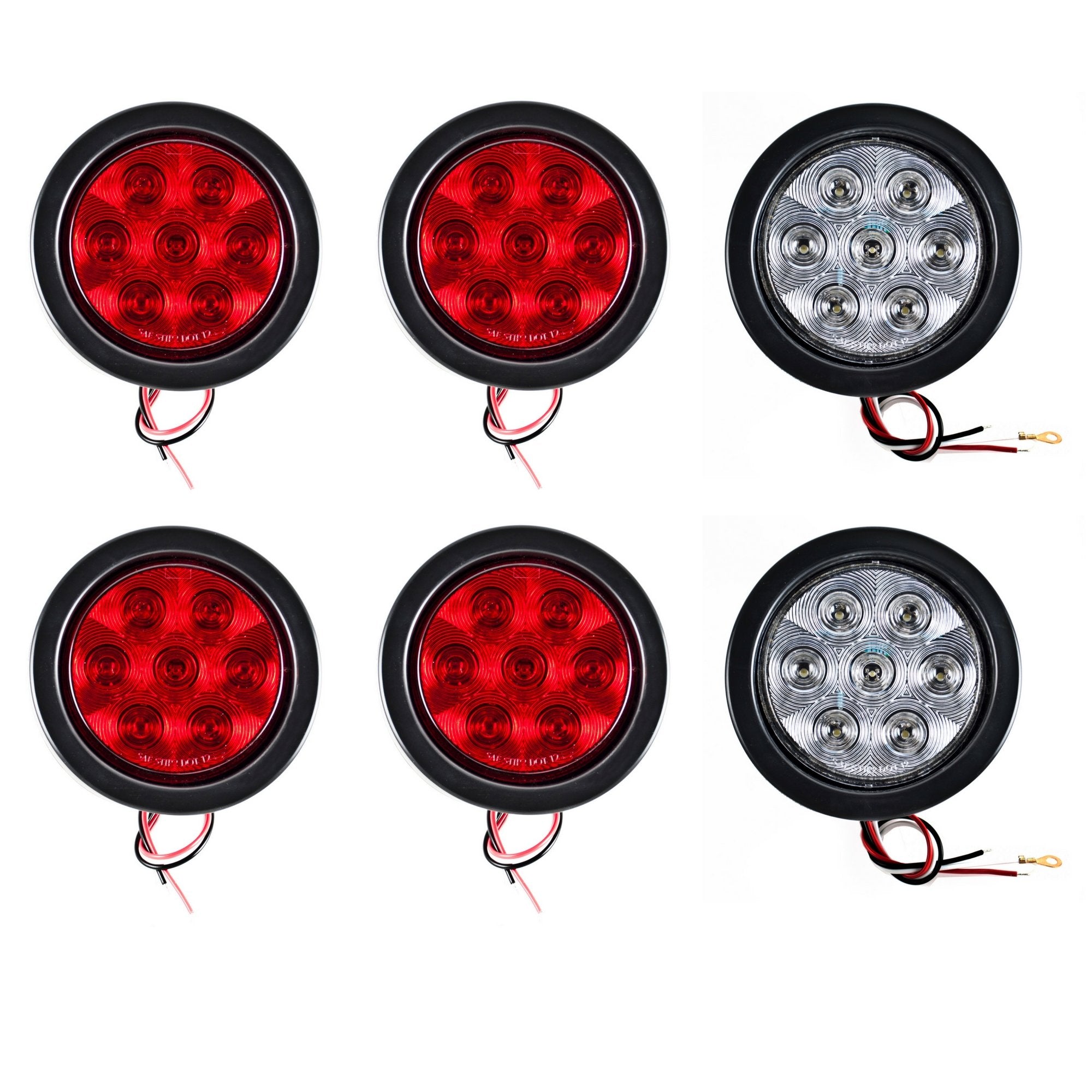 4" Inch Round 7 LED Red/White Trailer Tail Lights Kit Round Led Stop Turn Tail Back-up Reverse Fog Lights Reflective Lens Grommet 3-Prong Wire Pigtails for Truck Trailer RV 12V