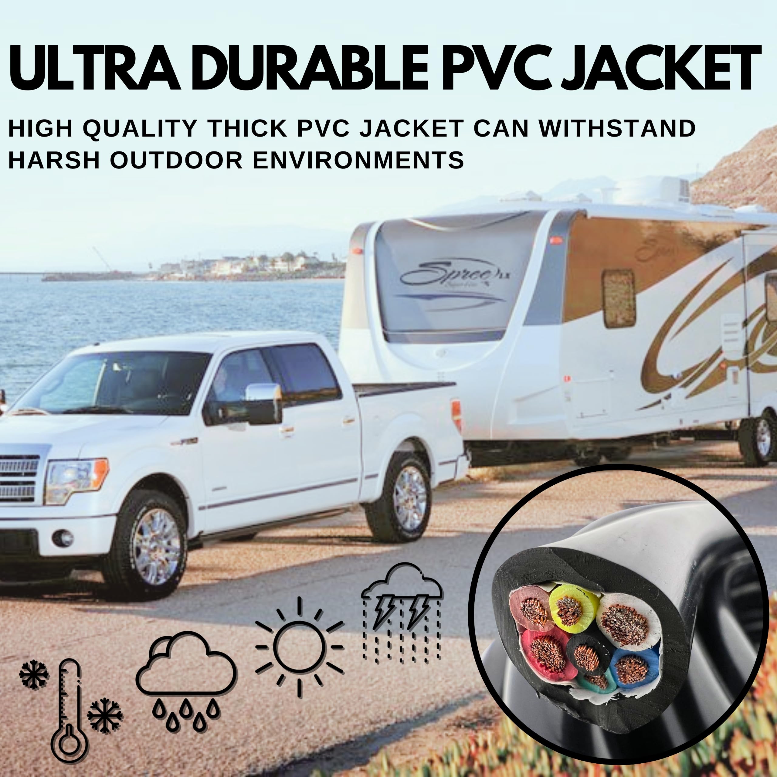 Heavy Duty 14/12/10AWG Multi Guage 7 Way CCA Conductor Wire RV Trailer Tow Campers Cable Cord Insulated Stranded Copper Clad Aluminum Conductor Color Coded DOT SAE Approved 14/4 10/2 12/1 100 FT ROLL