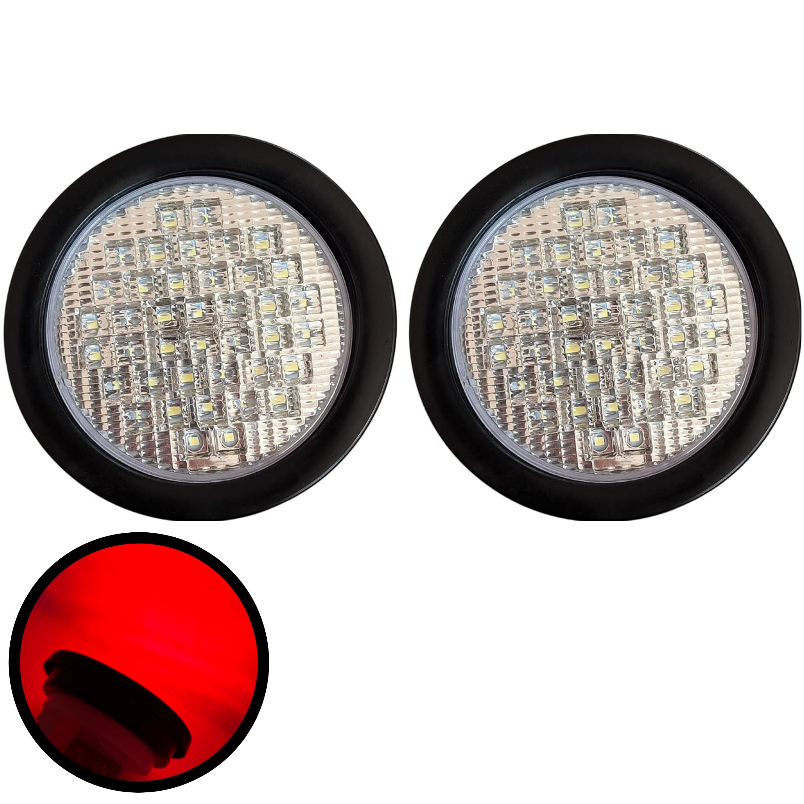 4" Inch Round 40 LED Diodes Stop Turn Tail Reverse Backup Signal Sealed Lights Red/White/Amber Assembly Rubber Mount for Trucks Trailers RV Boat Waterproof