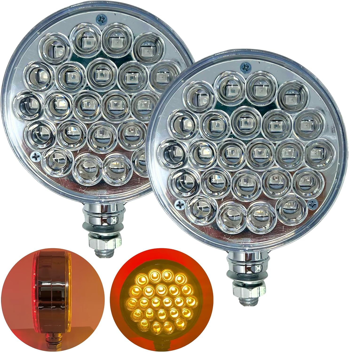 2pc Red/Amber 48 LED Round Double Face Chrome Stud Mount Pedestal Fender Stop Turn Tail Light Truck Trailer Peterbilt Freightliner Kenworth Mack Western Star 10-30V