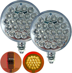 2pc Red/Amber 48 LED Round Double Face Chrome Stud Mount Pedestal Fender Stop Turn Tail Light Truck Trailer Peterbilt Freightliner Kenworth Mack Western Star 10-30V
