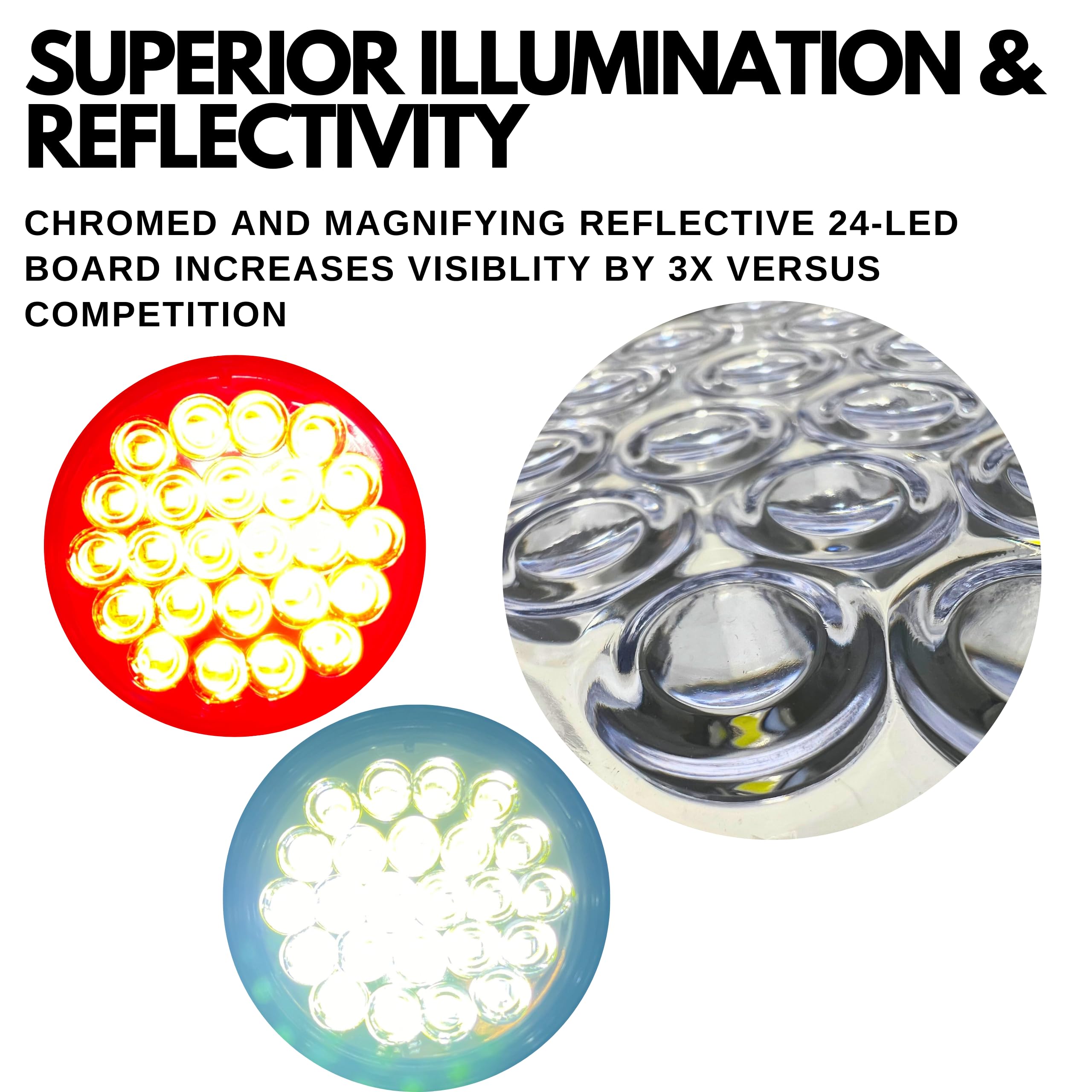 All Star Truck 2Pcs 4 Inch Round Red Stop Turn Tail Lights & White Backup Lights Kit 24 Diodes w/Rubber Grommets & 3-Prong Wire Pigtails, Dual Function Round Led Truck Trailer Tail & Reverse Lights