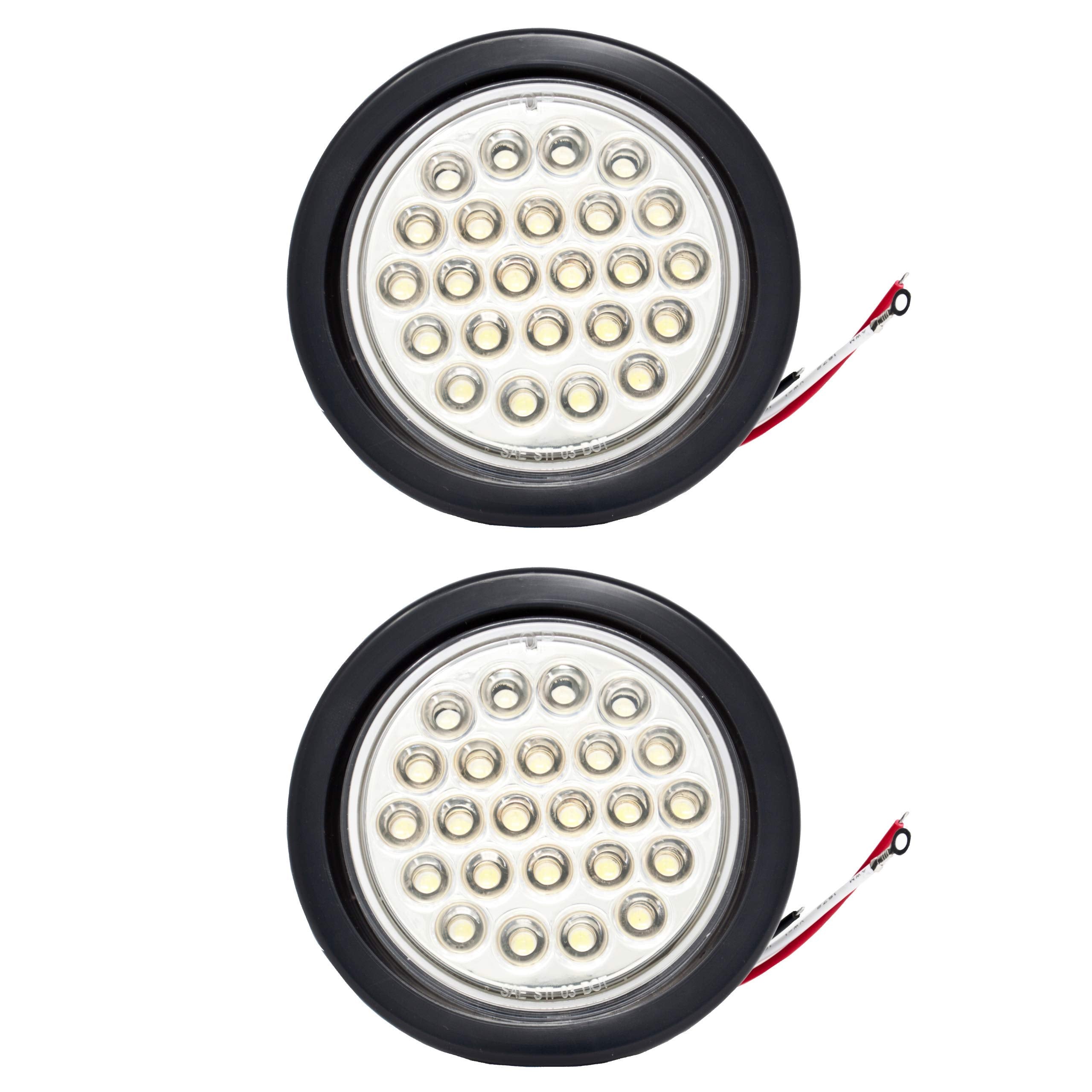 Red/White/Amber 4" Round 24 LED Stop Turn Tail Light Reverse Backup Parking Running Lights 3 Wire Pigtail Plug Grommet Trucks Trailer RV Boat Camper Dump Truck IP67 Waterproof DOT Certified 12V