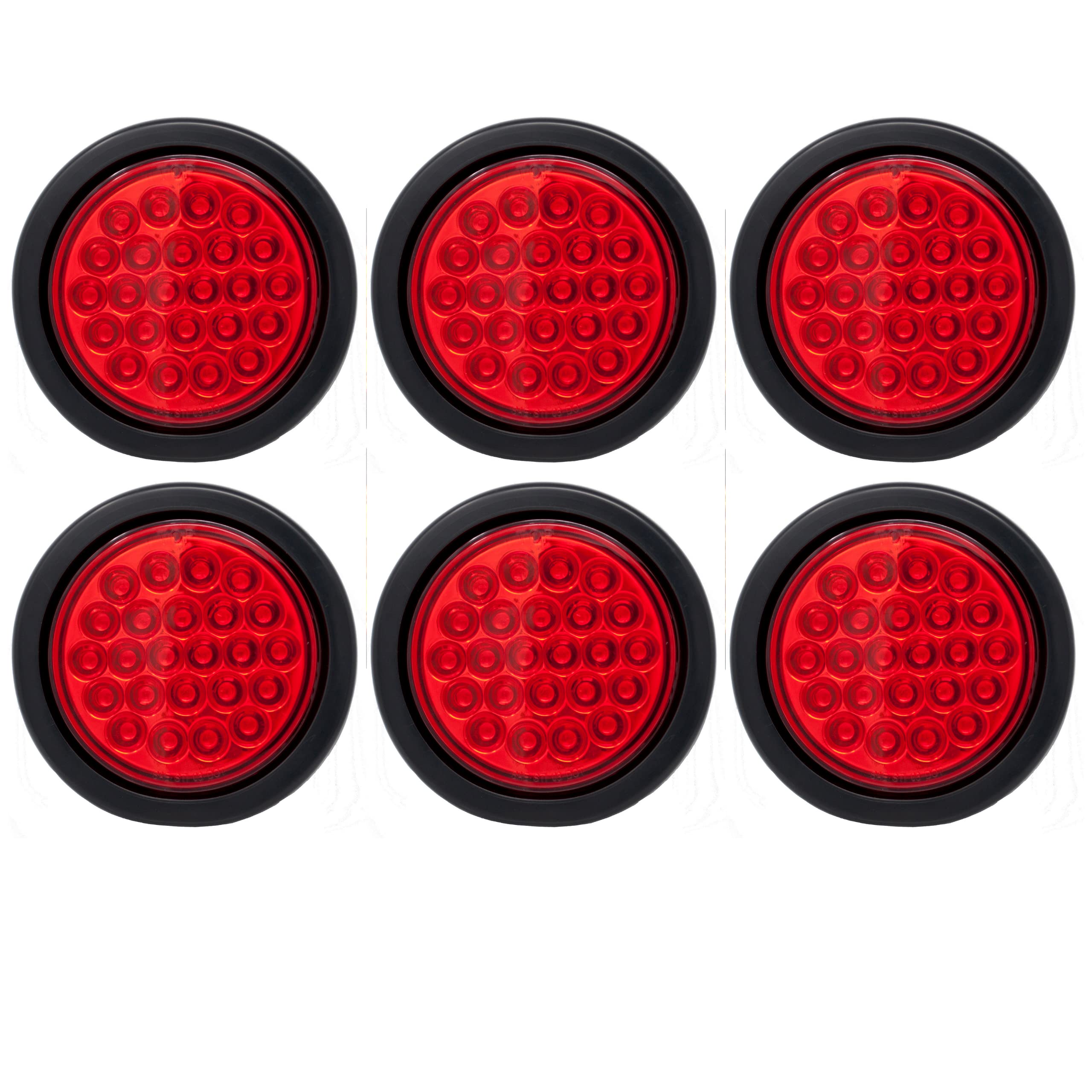 Red/White/Amber 4" Round 24 LED Stop Turn Tail Light Reverse Backup Parking Running Lights 3 Wire Pigtail Plug Grommet Trucks Trailer RV Boat Camper Dump Truck IP67 Waterproof DOT Certified 12V