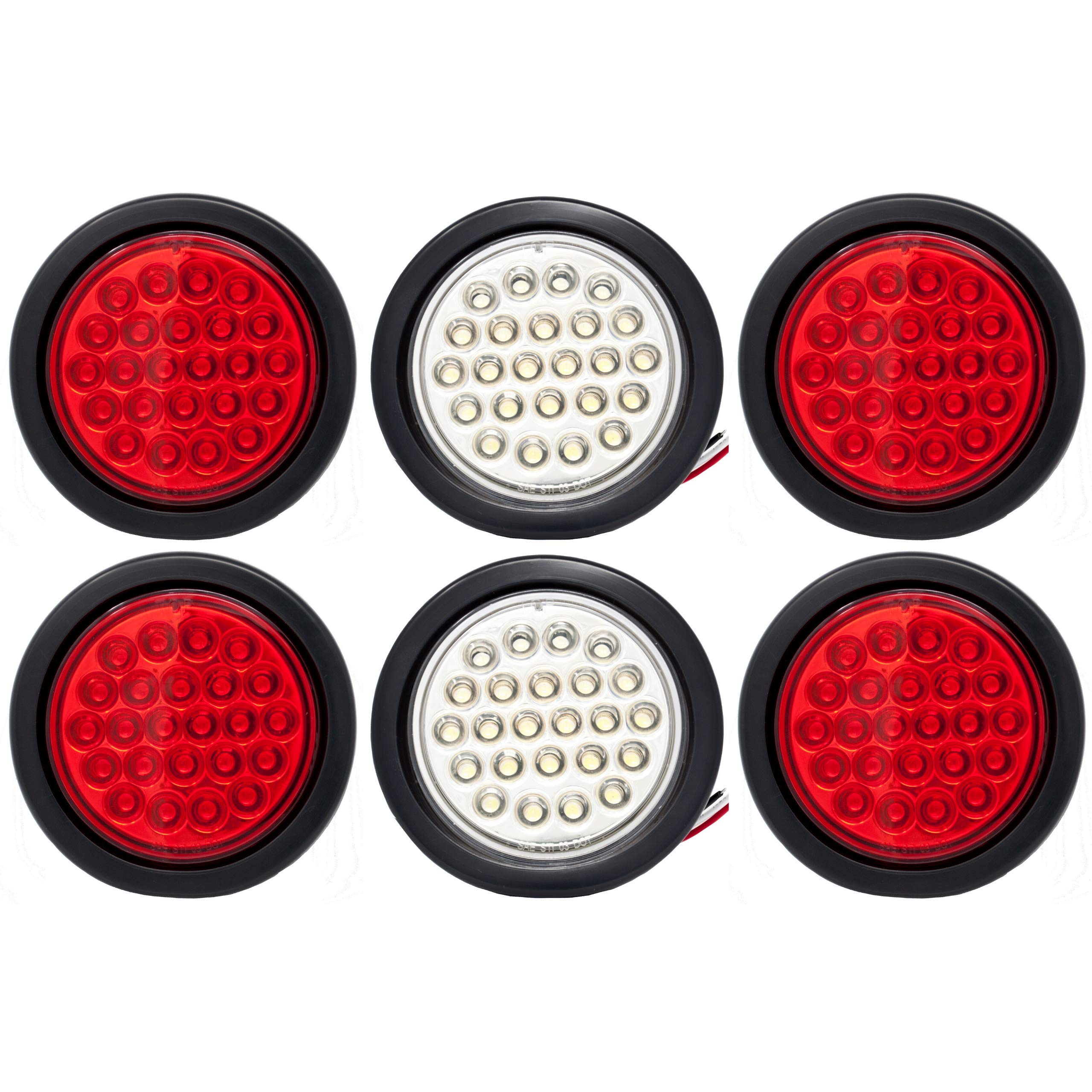 Red/White/Amber 4" Round 24 LED Stop Turn Tail Light Reverse Backup Parking Running Lights 3 Wire Pigtail Plug Grommet Trucks Trailer RV Boat Camper Dump Truck IP67 Waterproof DOT Certified 12V