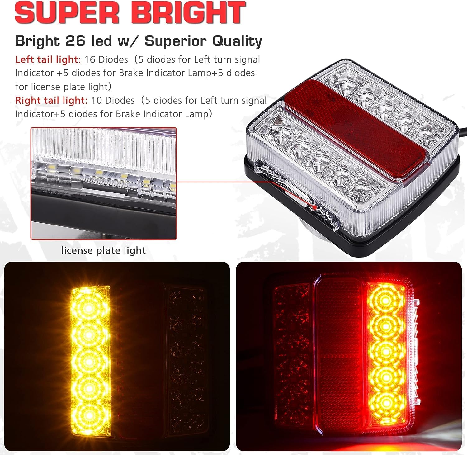 26 LED Magnetic Trailer Light Kit 2PCS LED Trailer Light Universal Running Brake Turn License Light IP68 Waterproof Adsorbed Magnet 24ft Cable 7-pin 5-pin Plug Red Clear Lens