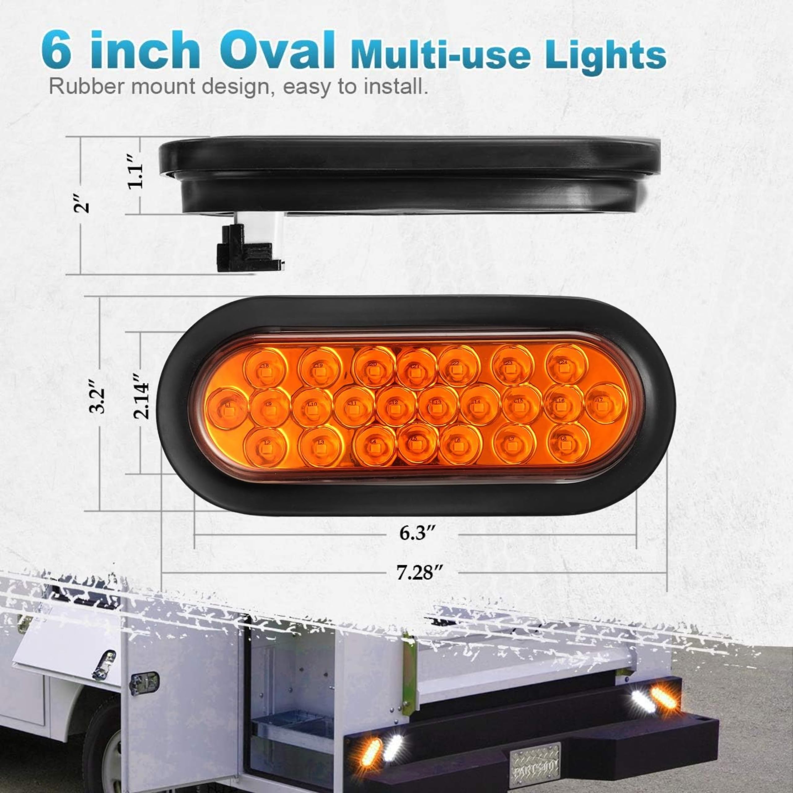 6" Inch Amber Oval 24 LED Mid Turn Tail Signal Truck Light w Rubber Grommet+3 wire Pigtail Trailer Plug - DOT/SAE Approved and Marked, Waterproof, Super Bright!