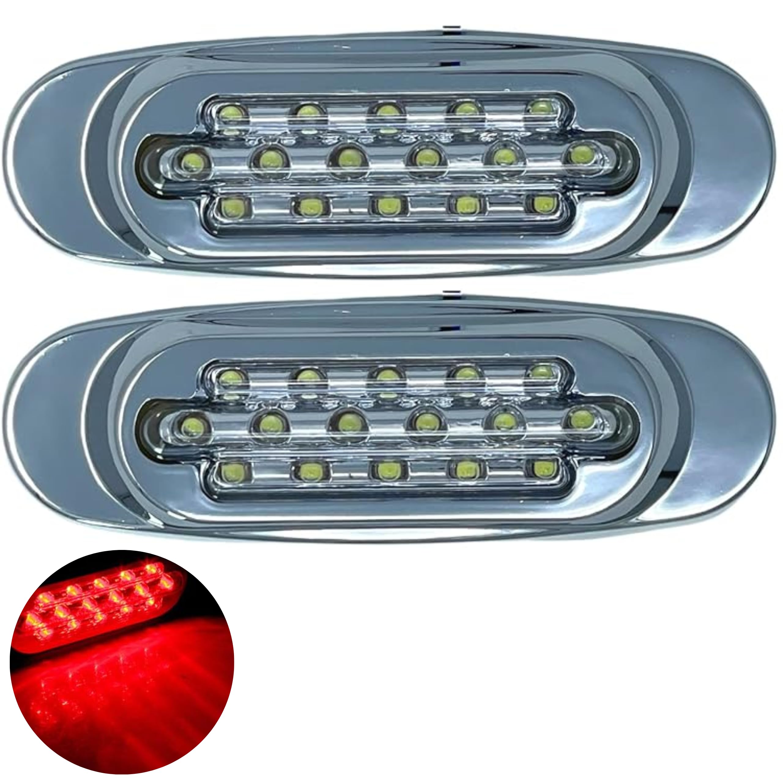 6.5" Inch Amber/Red/White LED Side Marker Lights Clearance Chrome Base Bezel 16 Diodes Surface Mount Led Cab Panel Lights Turn Signals Sealed Waterproof 12V