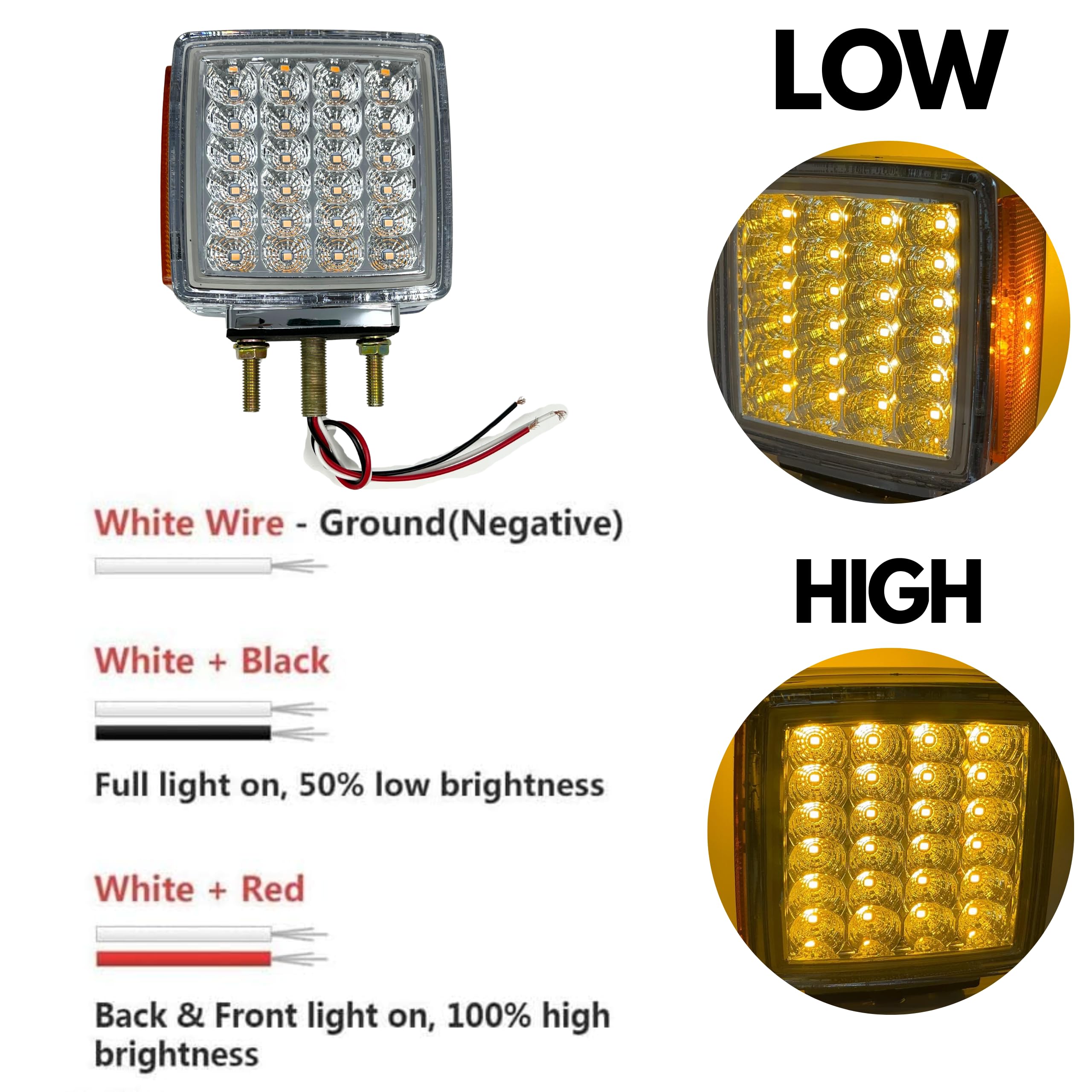 2pc Amber/Red 51 LED Clear Lens Double Face Stud Mount Pedestal Fender Stop Turn Tail Light Heavy Truck Trailer Peterbilt Freightliner Kenworth Mack Western Star Left & Right Side