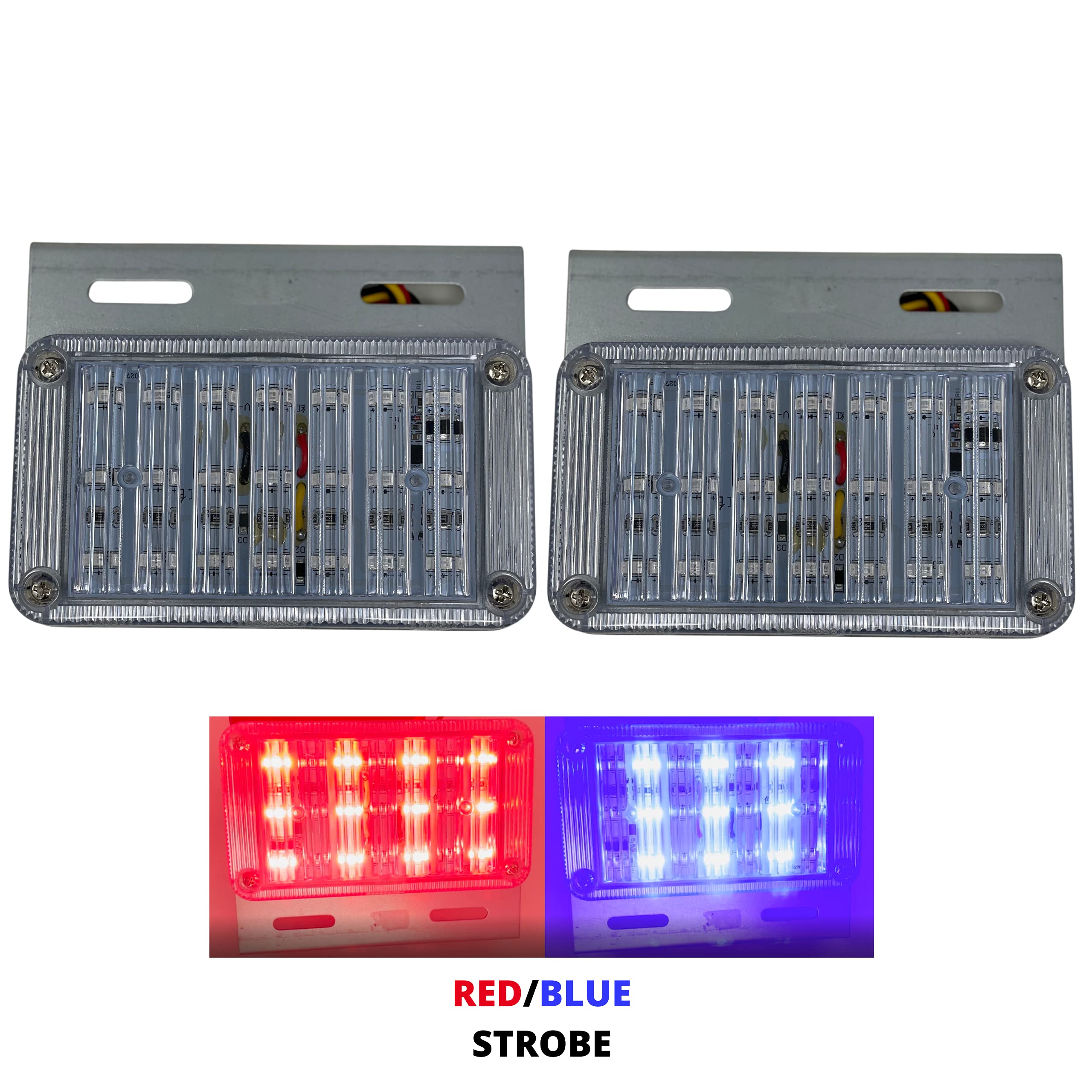 5.5" x 3" Rectangle 21 LED Red + Blue Strobe Light Metal Mounting Bracket DOT/SAE Approved Waterproof Anti-Shock Anti-Fog Towing Construction Safety Truck (2 PACK)