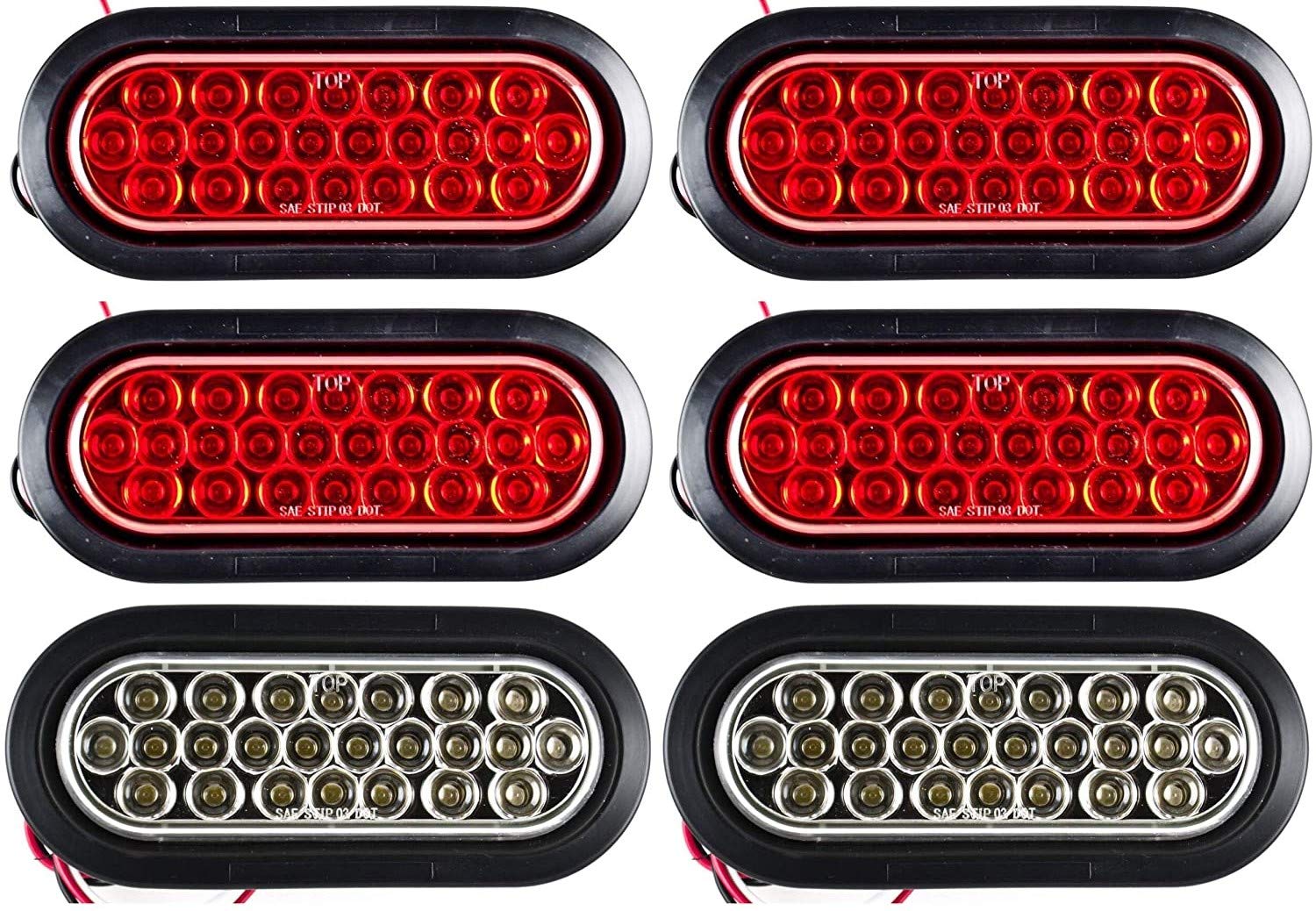 [Red/White/Amber 6" Oval 24 LED Trailer Tail Light Kit [DOT Certified] [with Grommets & Plugs] [IP67 Waterproof] Stop Brake Turn Reverse Back Up Headache Rack Backrack Flatbed RV