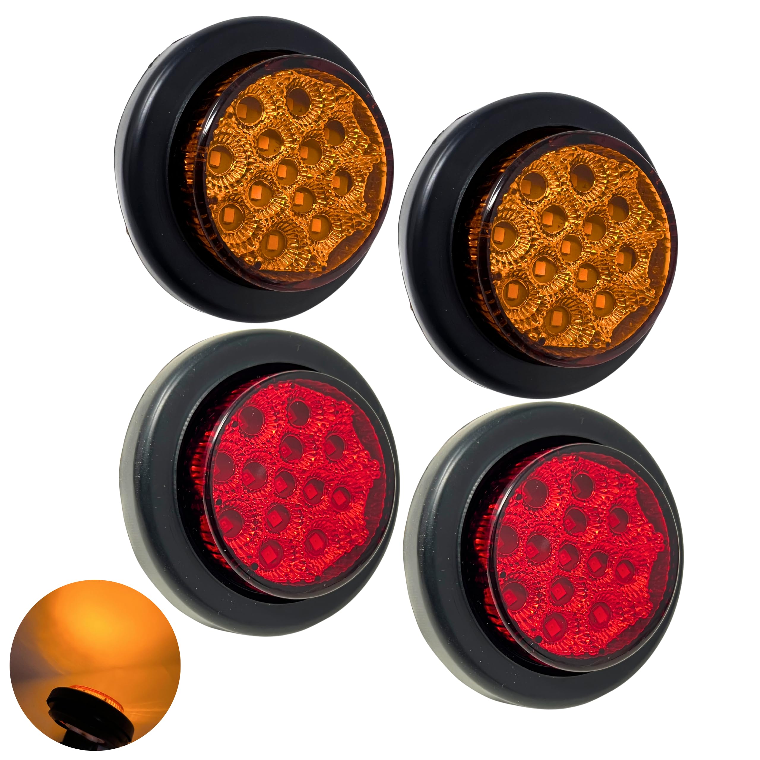 2" Round Amber/Red 13 LED Light Side Marker Clearance Reflector Lens Rubber Grommet + Removable 2 Wire Pigtail Plug IP67 Waterproof Trailers RV's Trucks Off Road Dump Truck 12V