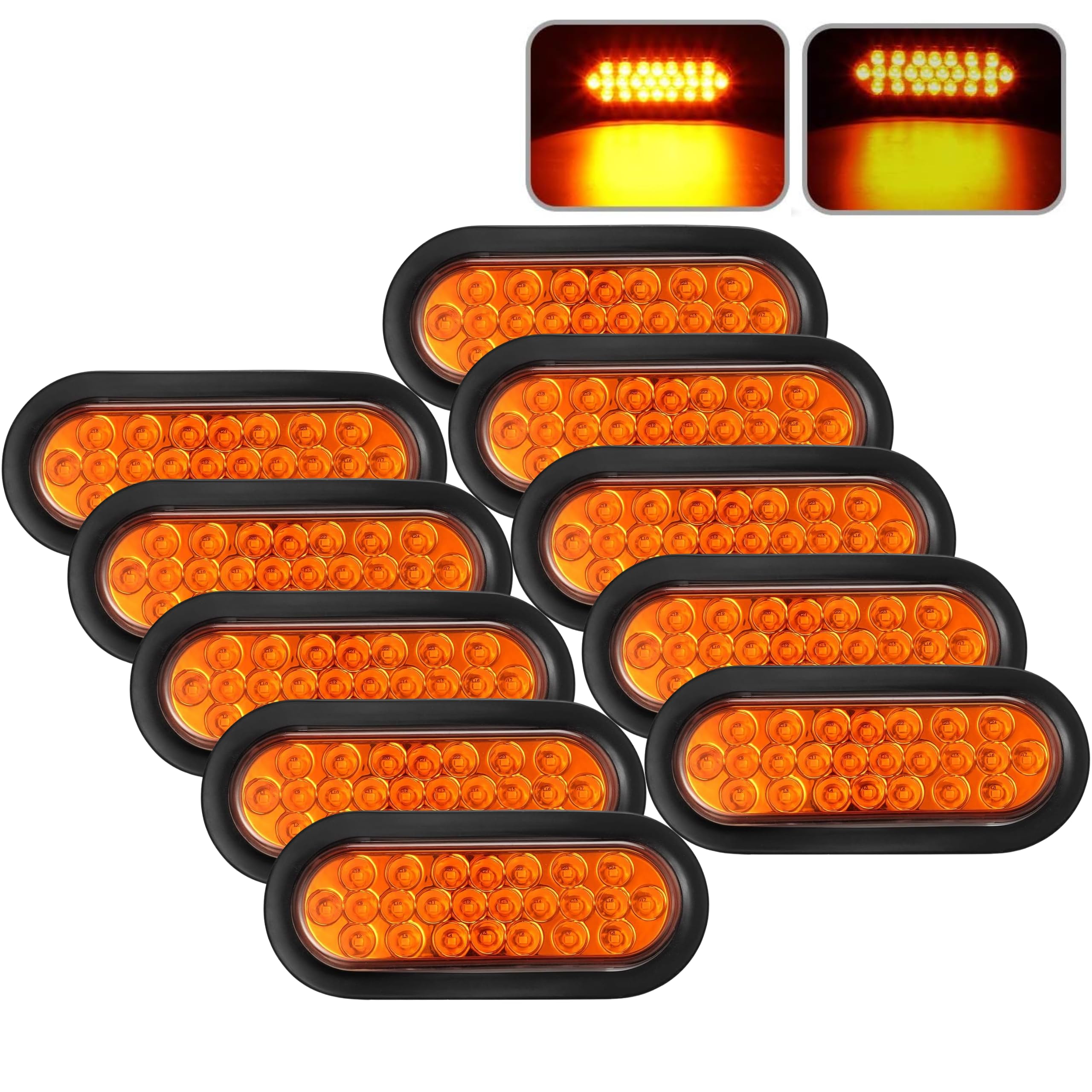 6" Inch Amber Oval 24 LED Mid Turn Tail Signal Truck Light w Rubber Grommet+3 wire Pigtail Trailer Plug - DOT/SAE Approved and Marked, Waterproof, Super Bright!