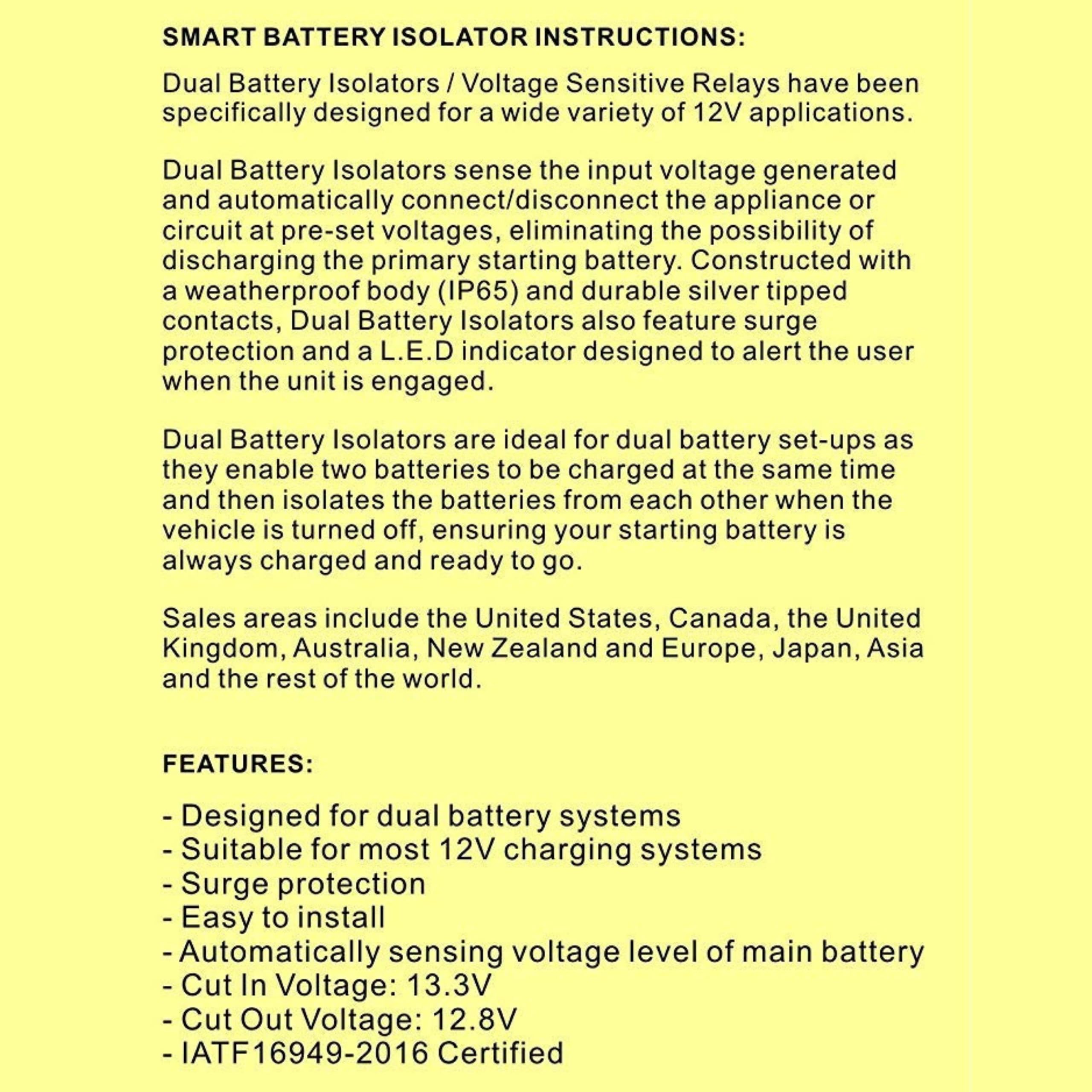 12V 140 Amp Dual Battery Smart Isolator - VSR - Voltage Sensitive Relay Specially Designed for ATV, UTV, Boats, RV's, Campers 5th Wheels Off Road Vehicles Rhino Polar