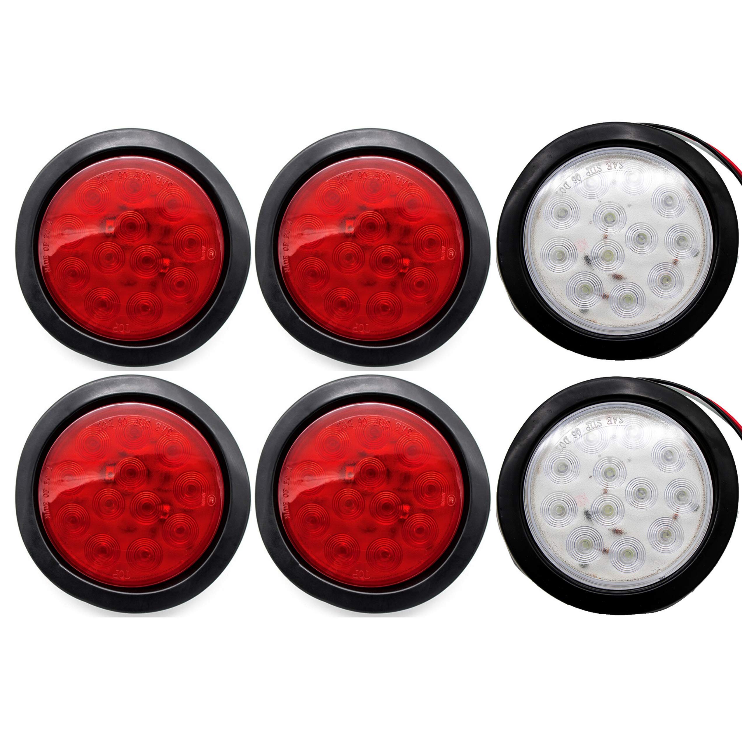 4" Inch White Red Amber 12 LED Round Stop/Turn/Tail/Reverse/Backup/Mid Turn/Signal Trailer Light Kit with 3 wire Pigtail Plug & Grommet