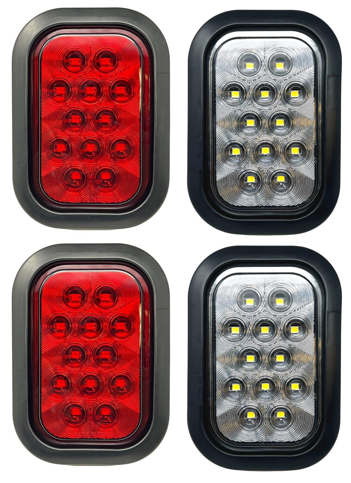 5x3 Red/White Rectangle Light 12 LED Stop/Turn/Tail Backup/Reverse Tow Truck Semi Trailer CM Flatbed Reading Postal Hitch Mounted RV Bus Grommet 3 Wire Pigtail Plug Kit 12V IP67