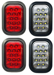 5x3 Red/White Rectangle Light 12 LED Stop/Turn/Tail Backup/Reverse Tow Truck Semi Trailer CM Flatbed Reading Postal Hitch Mounted RV Bus Grommet 3 Wire Pigtail Plug Kit 12V IP67