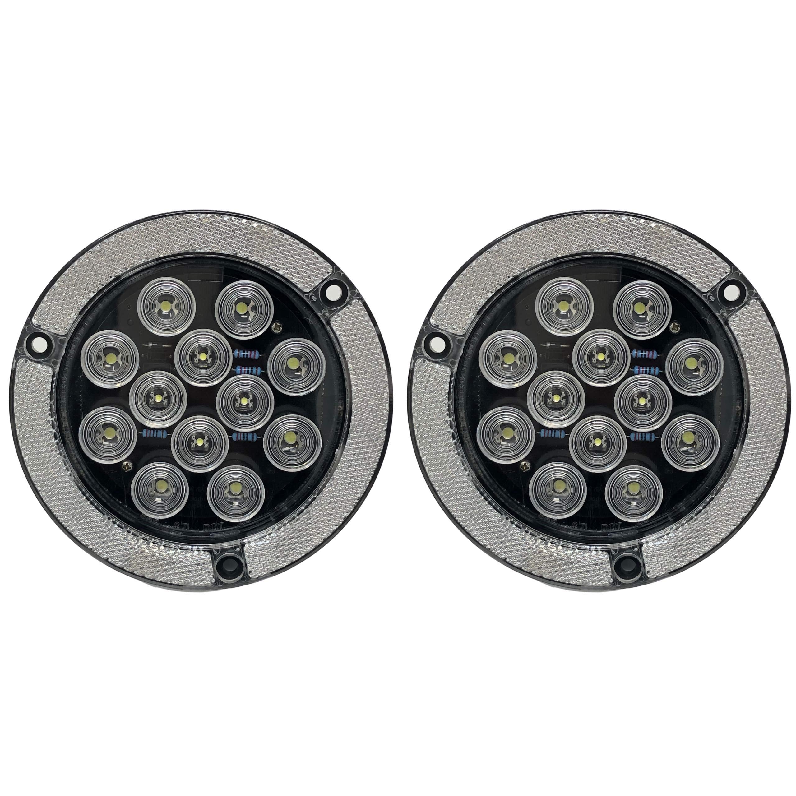 4" Inch Flange Mount Reflective Ring Bezel Red/White 12 LED Round Stop Turn Tail Reverse Backup Tail Trailer Truck Flatbed RV Camper Bus Light Kit with 3 Wire Pigtail Plug 12V