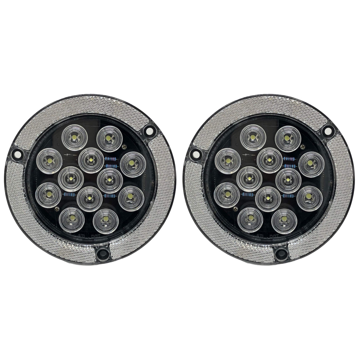 4" Inch Flange Mount Reflective Ring Bezel Red/White 12 LED Round Stop Turn Tail Reverse Backup Tail Trailer Truck Flatbed RV Camper Bus Light Kit with 3 Wire Pigtail Plug 12V