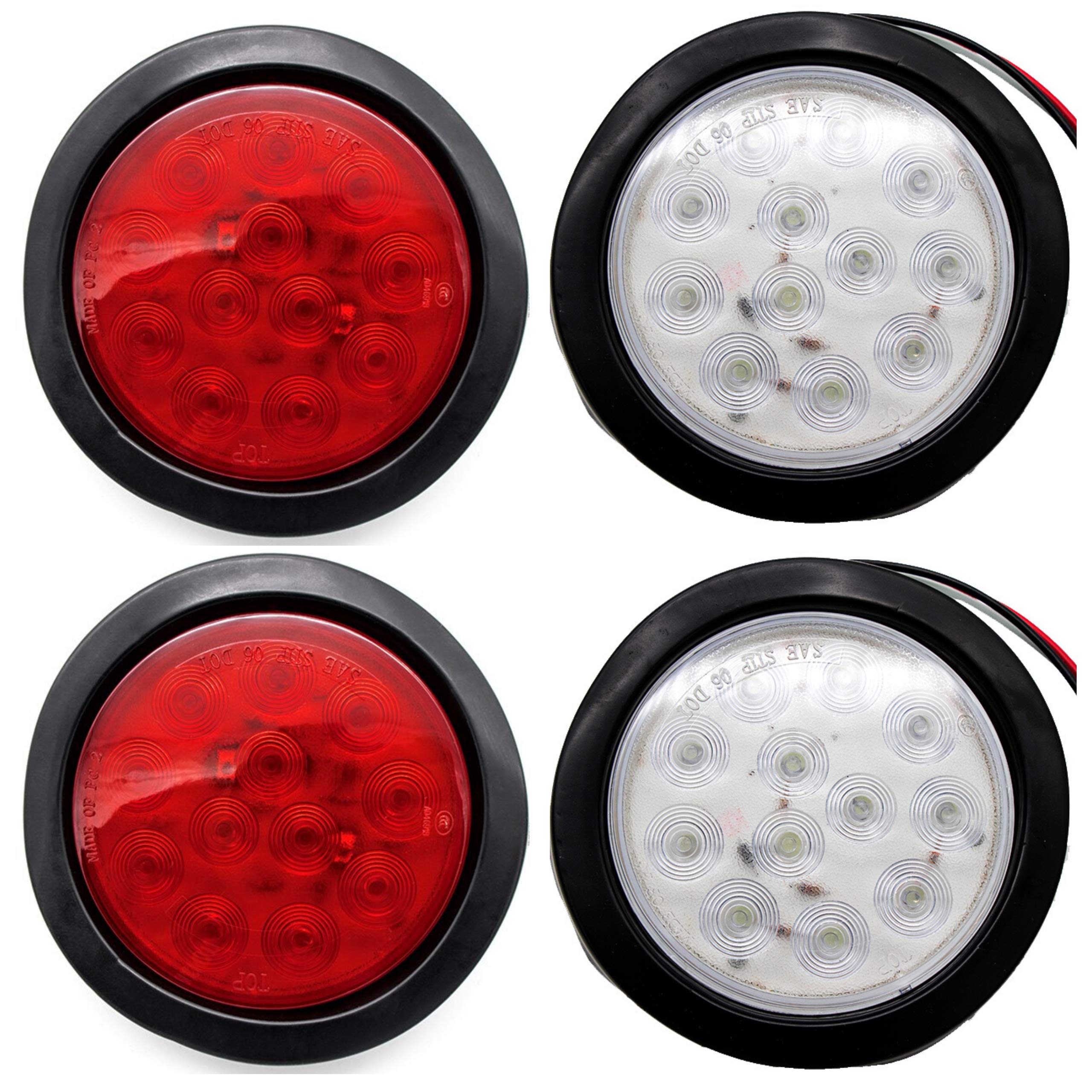 4" Inch White Red Amber 12 LED Round Stop/Turn/Tail/Reverse/Backup/Mid Turn/Signal Trailer Light Kit with 3 wire Pigtail Plug & Grommet