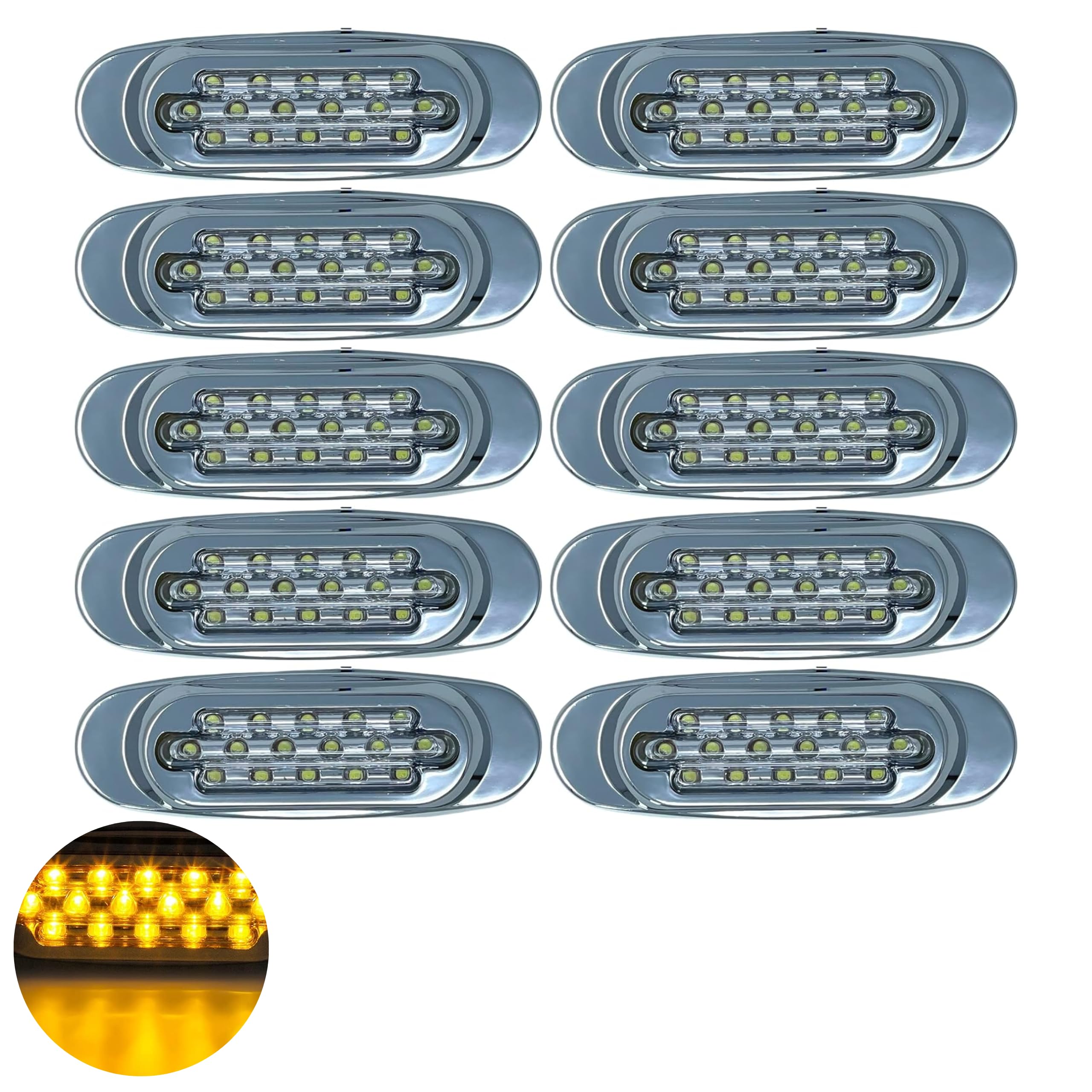 6.5" Inch Amber/Red/White LED Side Marker Lights Clearance Chrome Base Bezel 16 Diodes Surface Mount Led Cab Panel Lights Turn Signals Sealed Waterproof 12V