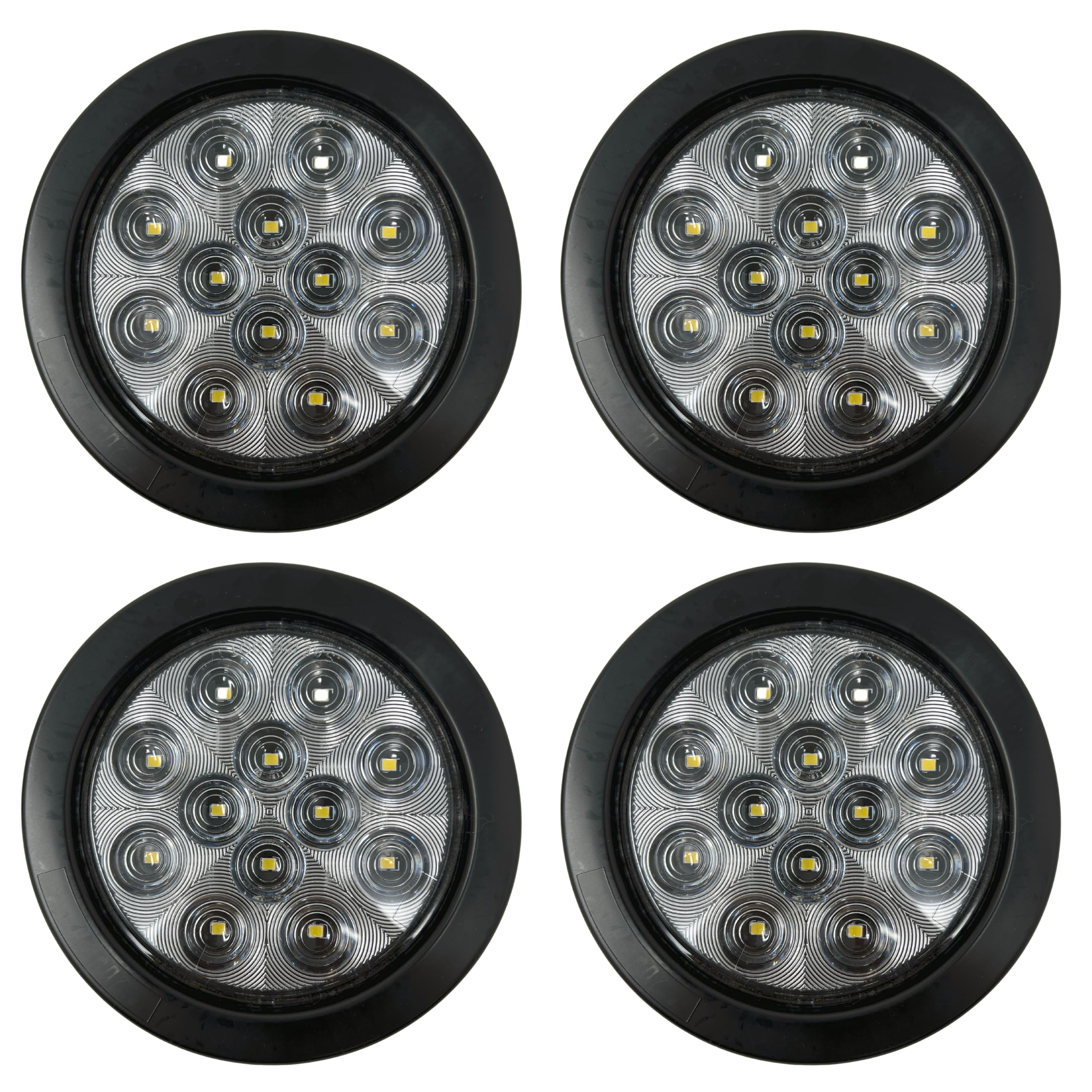 4" Inch Round 12 LED Red/White Trailer Tail Lights Kit Round Led Stop Turn Tail Back-up Reverse Fog Lights Reflective Lens Grommet 3-Prong Wire Pigtails for Truck Trailer RV 12V