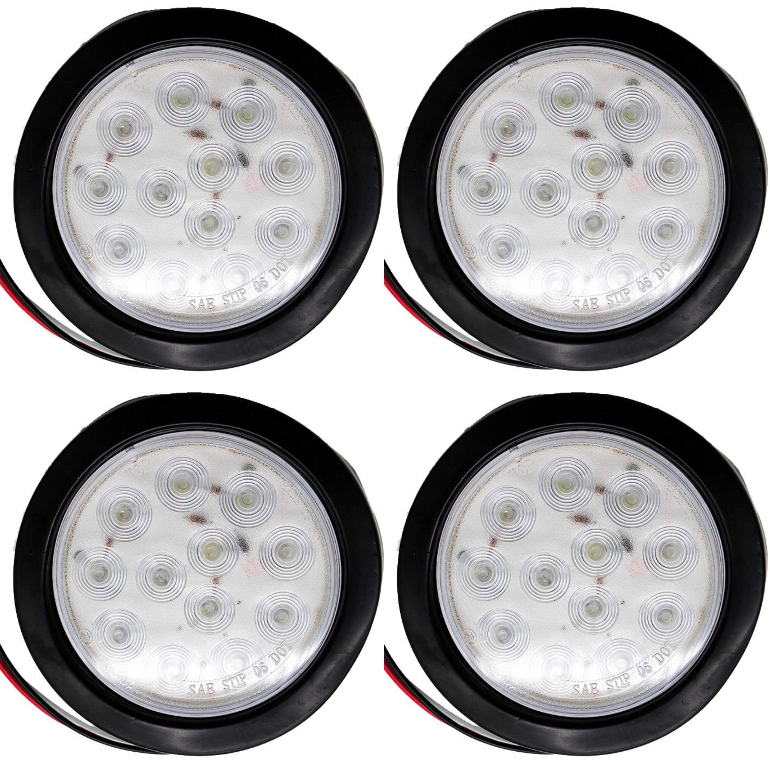 4" Inch White Red Amber 12 LED Round Stop/Turn/Tail/Reverse/Backup/Mid Turn/Signal Trailer Light Kit with 3 wire Pigtail Plug & Grommet