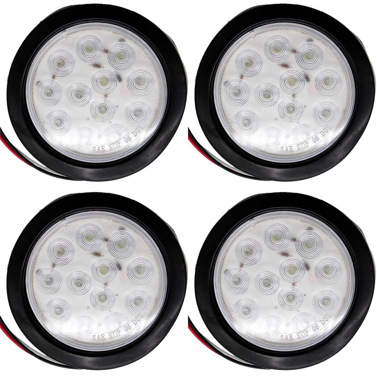 4" Inch White/Red/Amber 12 LED Round Stop/Turn/Tail/Reverse/Backup/Mid Turn/Signal Trailer Light Kit with 3 wire Pigtail Plug & Grommet