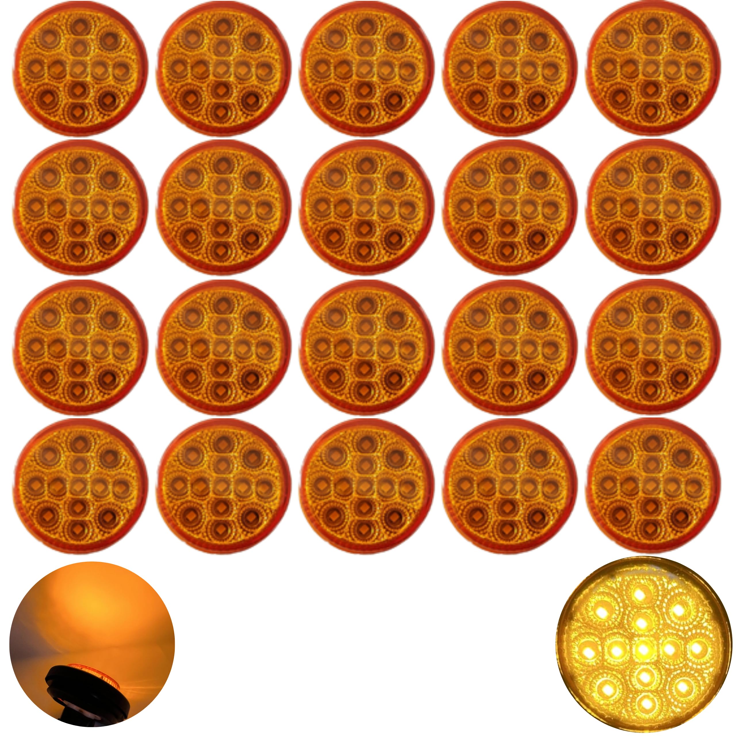 2" Round Amber/Red 13 LED Light Side Marker Clearance Reflector Lens Rubber Grommet + Removable 2 Wire Pigtail Plug IP67 Waterproof Trailers RV's Trucks Off Road Dump Truck 12V