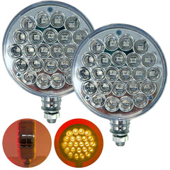 2pc Clear Lens Amber/Red 48 LED Round Double Face Chrome Stud Mount Pedestal Fender Stop Turn Tail Light Truck Trailer Peterbilt Freightliner Kenworth Mack Western Star