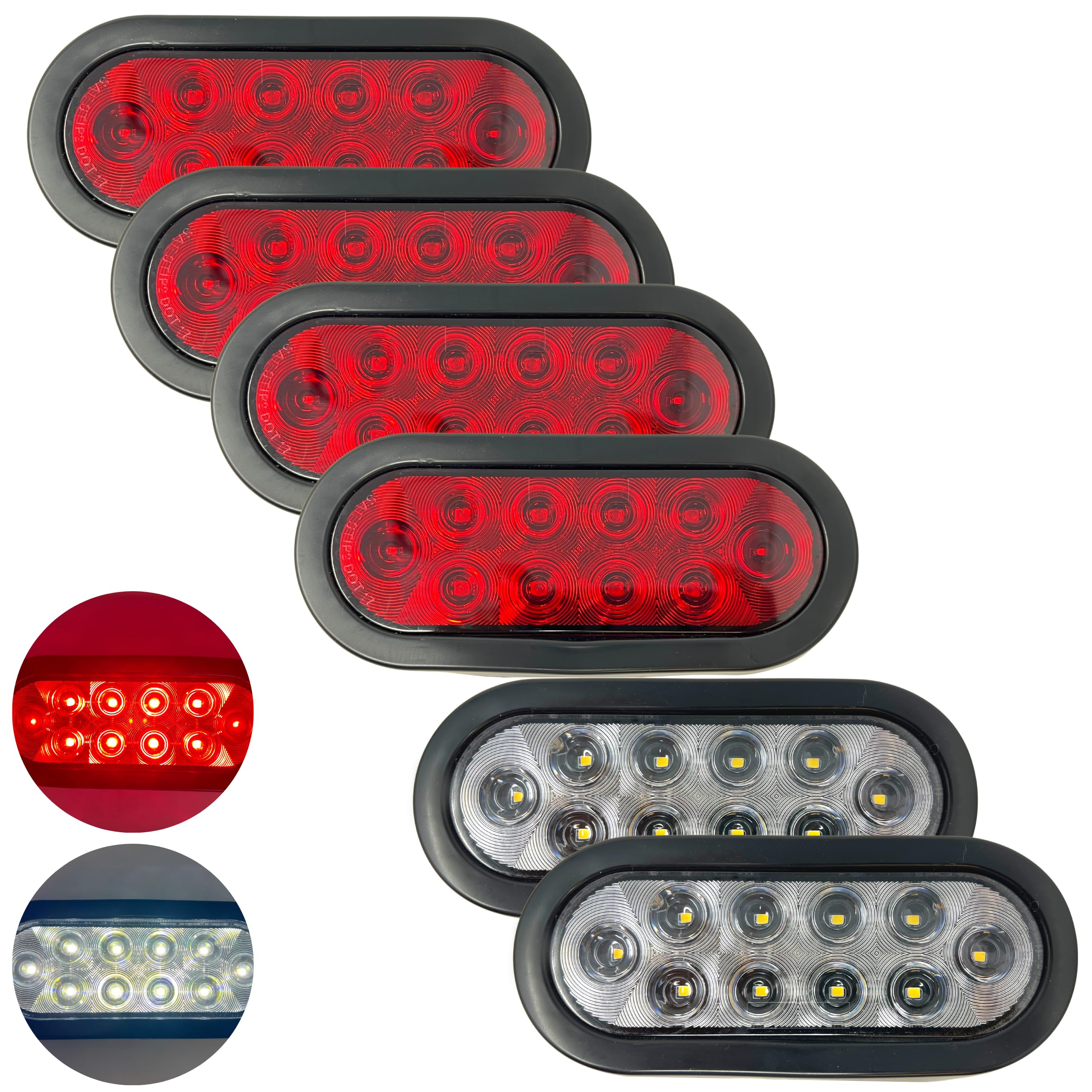 [Red/White/Amber 6" Oval 10 LED Trailer Tail Light Kit [DOT Certified] [With Grommets & Plugs] [IP67 Waterproof] Stop Brake Turn Reverse Back Up Headache Rack Backrack Flatbed RV