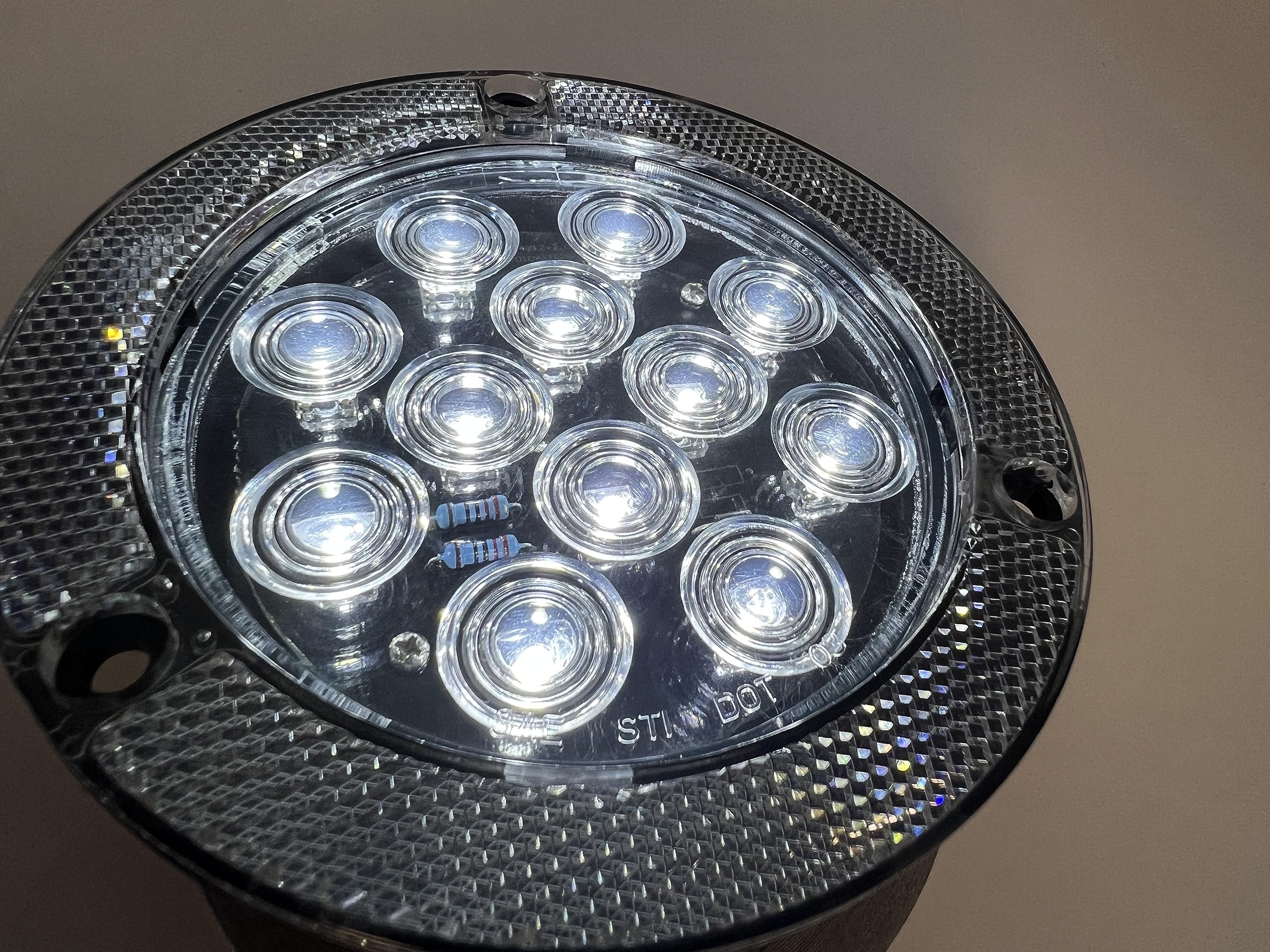 4" Inch Flange Mount Reflective Ring Bezel Red/White 12 LED Round Stop Turn Tail Reverse Backup Tail Trailer Truck Flatbed RV Camper Bus Light Kit with 3 Wire Pigtail Plug 12V