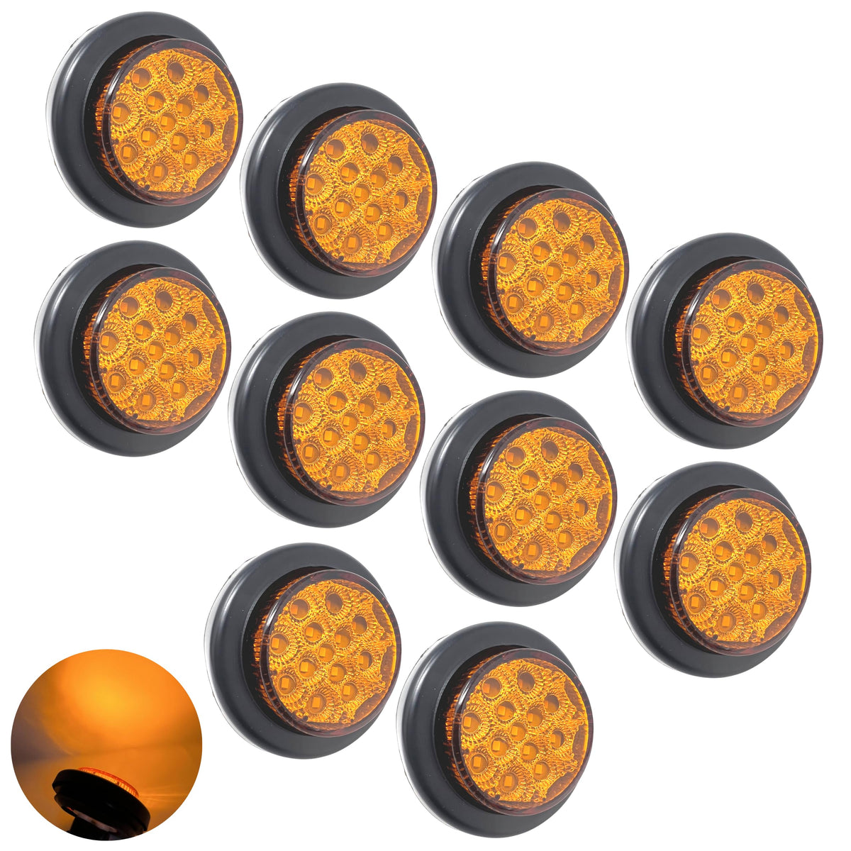 2" Round Amber/Red 13 LED Light Side Marker Clearance Reflector Lens Rubber Grommet + Removable 2 Wire Pigtail Plug IP67 Waterproof Trailers RV's Trucks Off Road Dump Truck 12V
