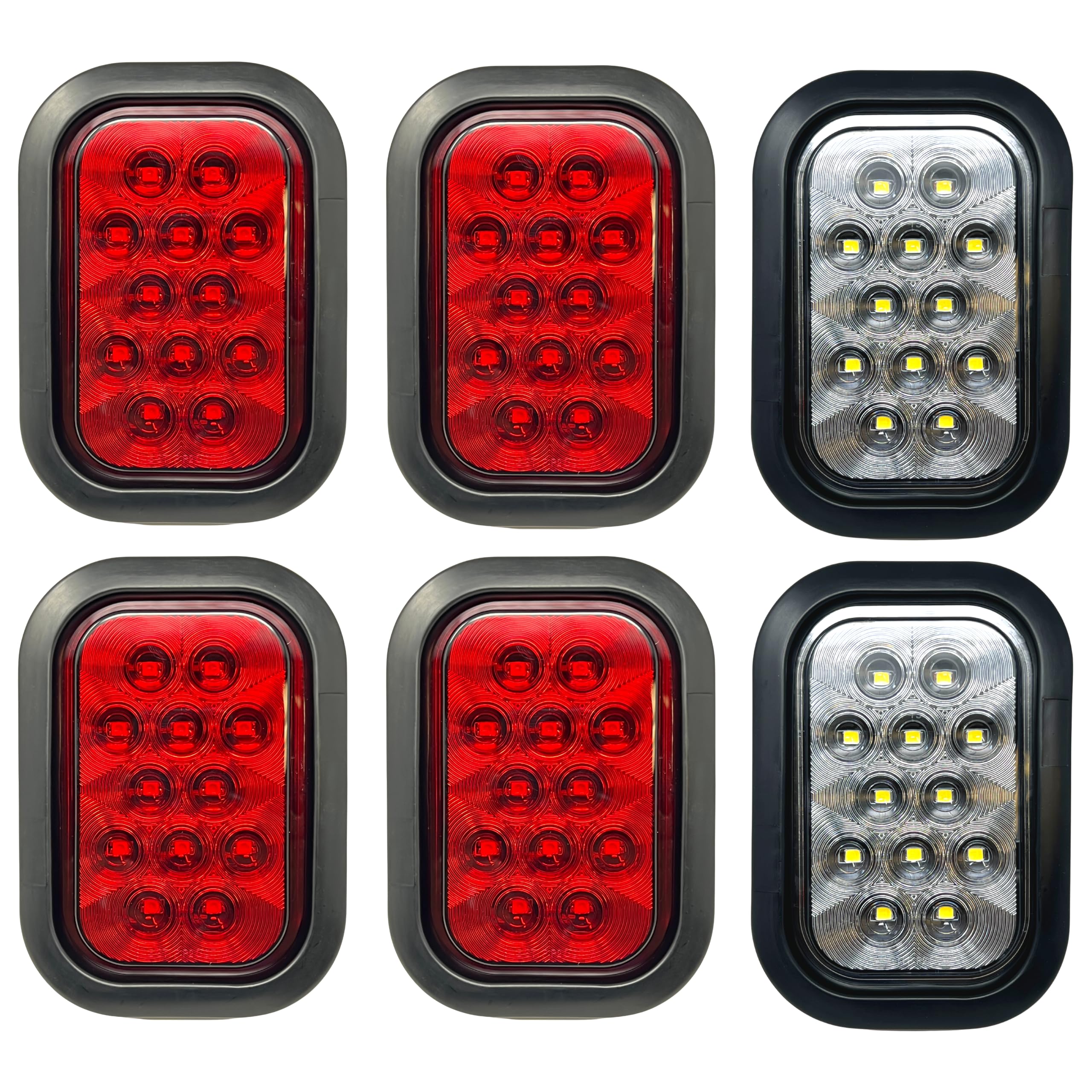5x3 Red/White Rectangle Light 12 LED Stop/Turn/Tail Backup/Reverse Tow Truck Semi Trailer CM Flatbed Reading Postal Hitch Mounted RV Bus Grommet 3 Wire Pigtail Plug Kit 12V IP67