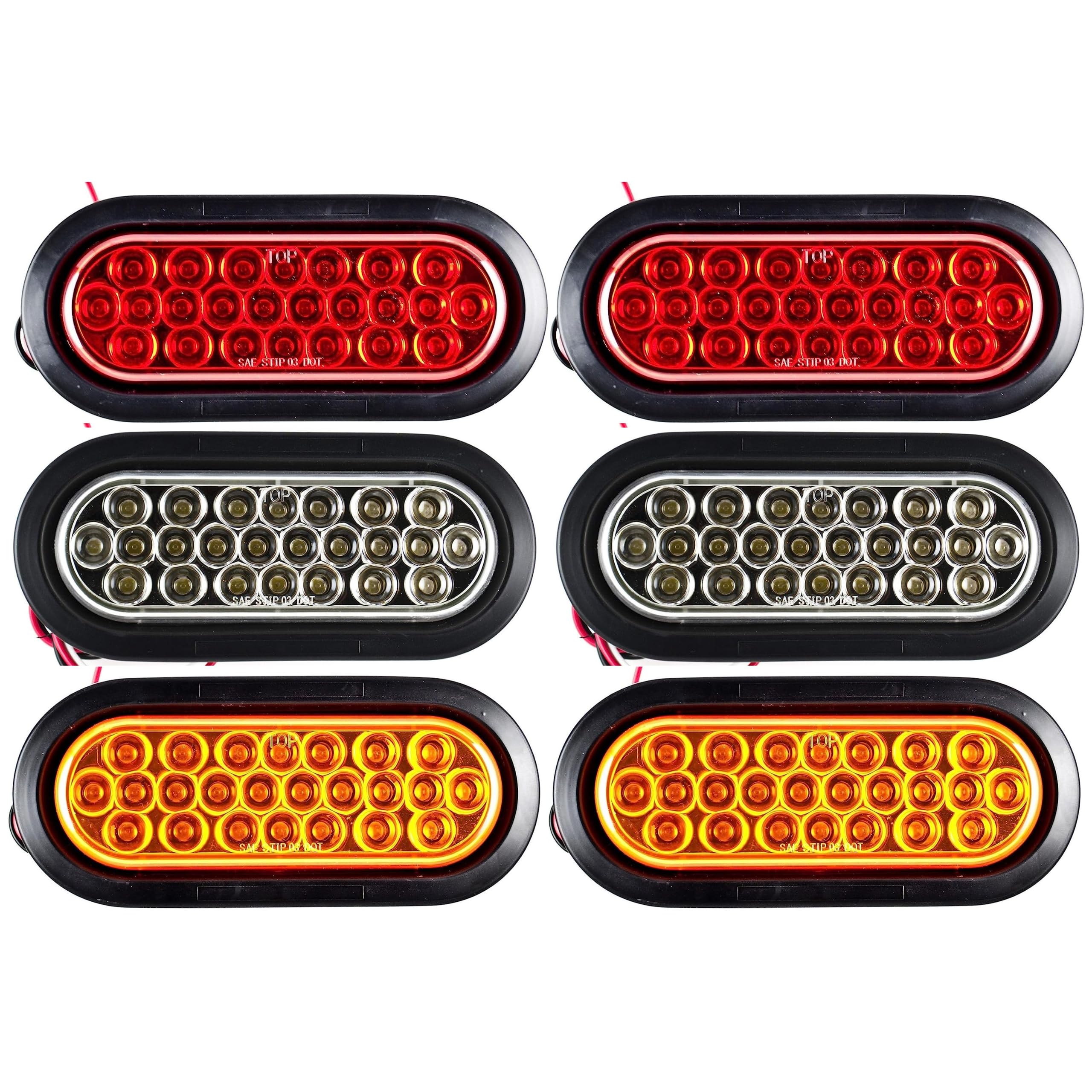 [Red/White/Amber 6" Oval 24 LED Trailer Tail Light Kit [DOT Certified] [with Grommets & Plugs] [IP67 Waterproof] Stop Brake Turn Reverse Back Up Headache Rack Backrack Flatbed RV