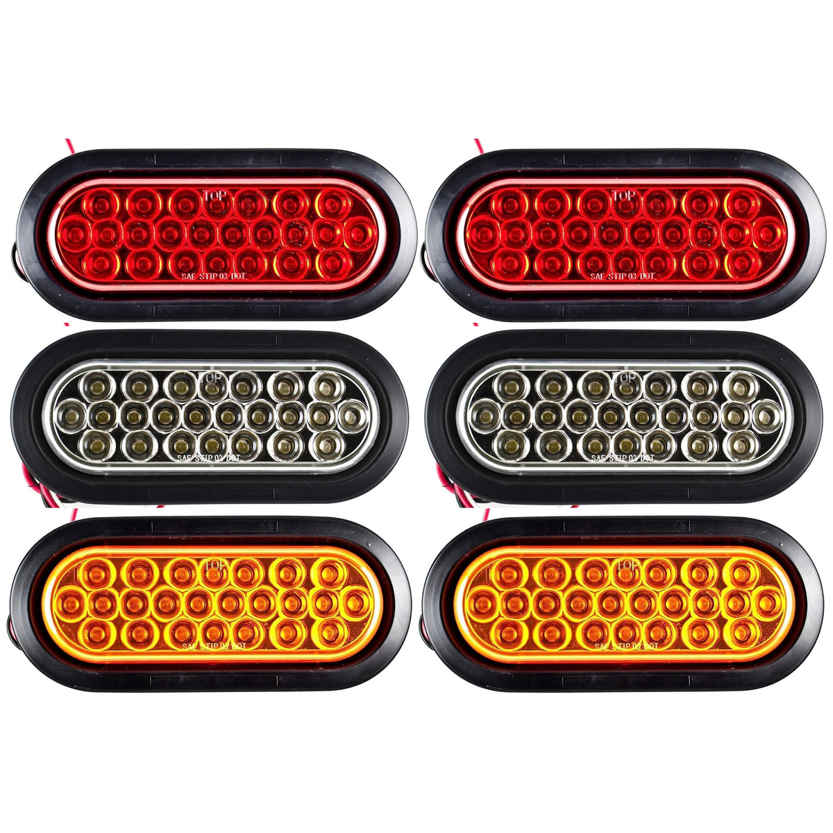 [Red/White/Amber 6" Oval 24 LED Trailer Tail Light Kit [DOT Certified] [with Grommets & Plugs] [IP67 Waterproof] Stop Brake Turn Reverse Back Up Headache Rack Backrack Flatbed RV