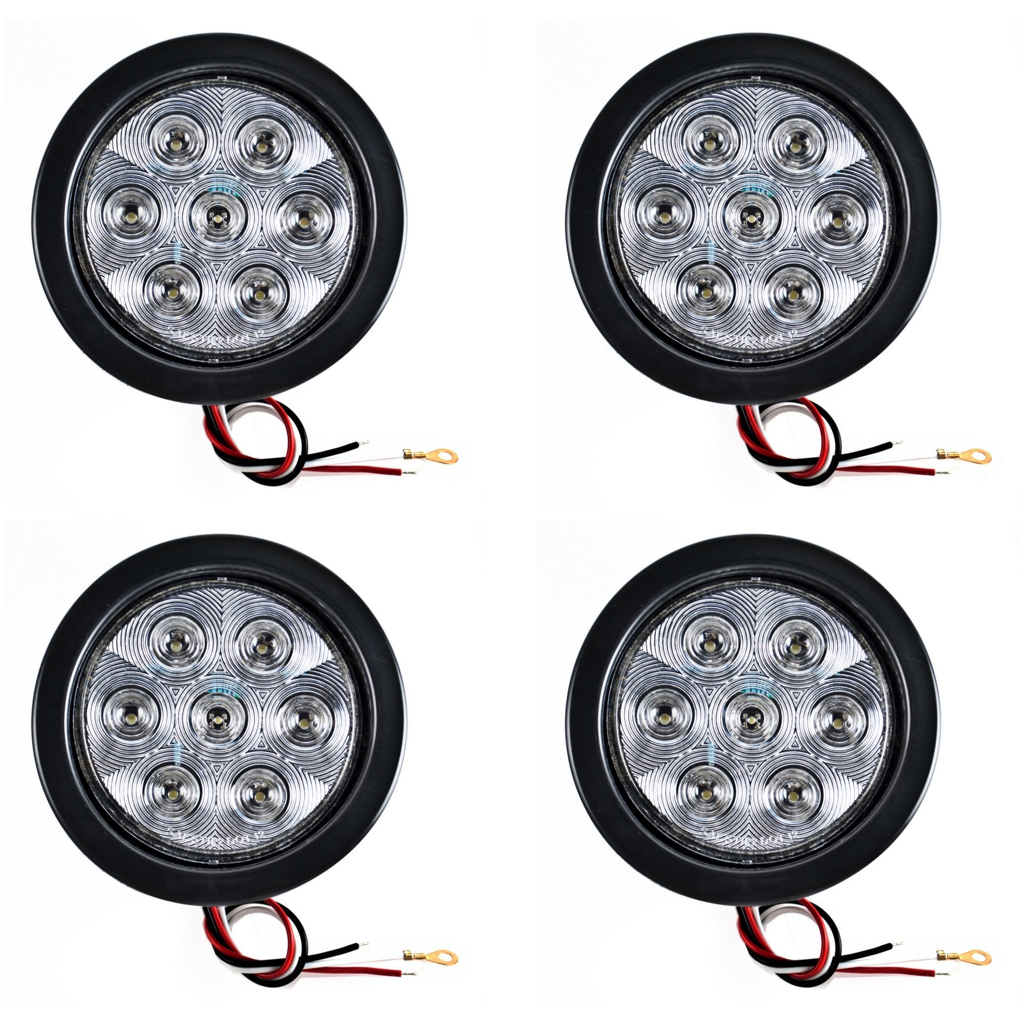 4" Inch Round 7 LED Red/White Trailer Tail Lights Kit Round Led Stop Turn Tail Back-up Reverse Fog Lights Reflective Lens Grommet 3-Prong Wire Pigtails for Truck Trailer RV 12V