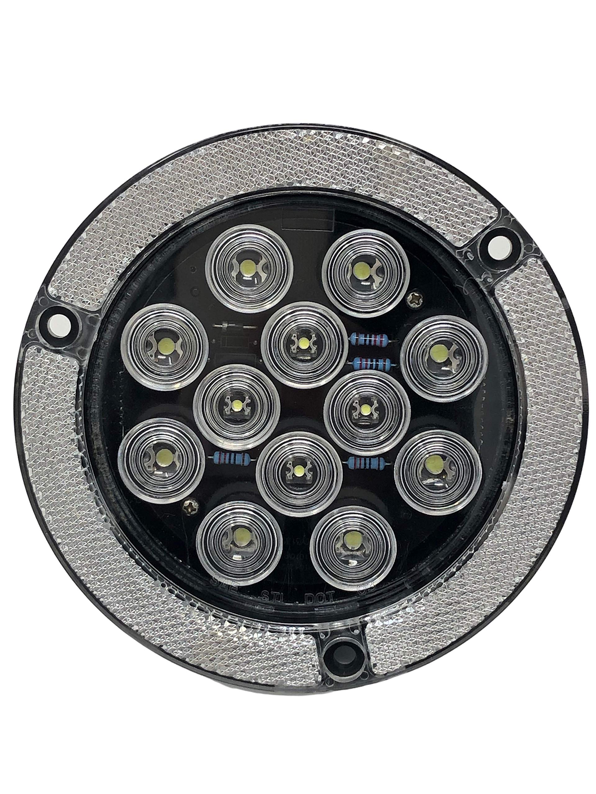 4" Inch Flange Mount Reflective Ring Bezel Red/White 12 LED Round Stop Turn Tail Reverse Backup Tail Trailer Truck Flatbed RV Camper Bus Light Kit with 3 Wire Pigtail Plug 12V
