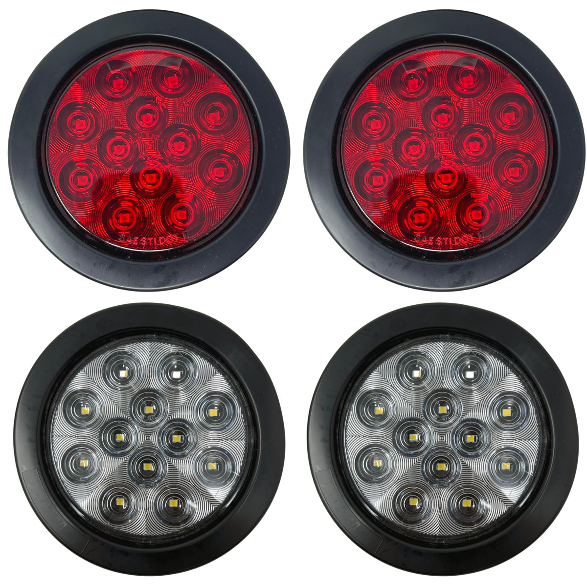 4" Inch Round 12 LED Red/White Trailer Tail Lights Kit Round Led Stop Turn Tail Back-up Reverse Fog Lights Reflective Lens Grommet 3-Prong Wire Pigtails for Truck Trailer RV 12V