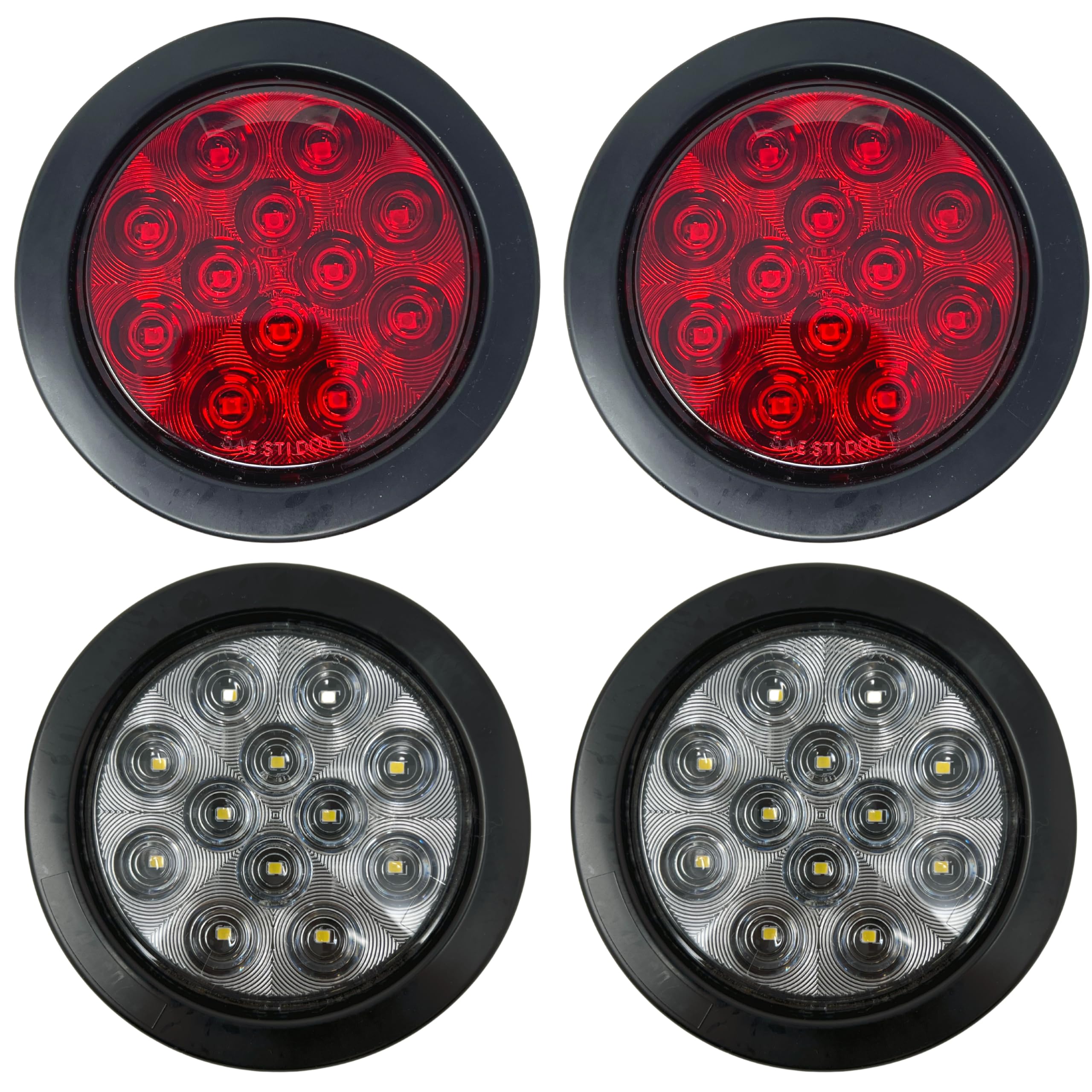 4" Inch Round 12 LED Red/White Trailer Tail Lights Kit Round Led Stop Turn Tail Back-up Reverse Fog Lights Reflective Lens Grommet 3-Prong Wire Pigtails for Truck Trailer RV 12V