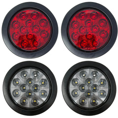 4" Inch Round 12 LED Red/White Trailer Tail Lights Kit Round Led Stop Turn Tail Back-up Reverse Fog Lights Reflective Lens Grommet 3-Prong Wire Pigtails for Truck Trailer RV 12V