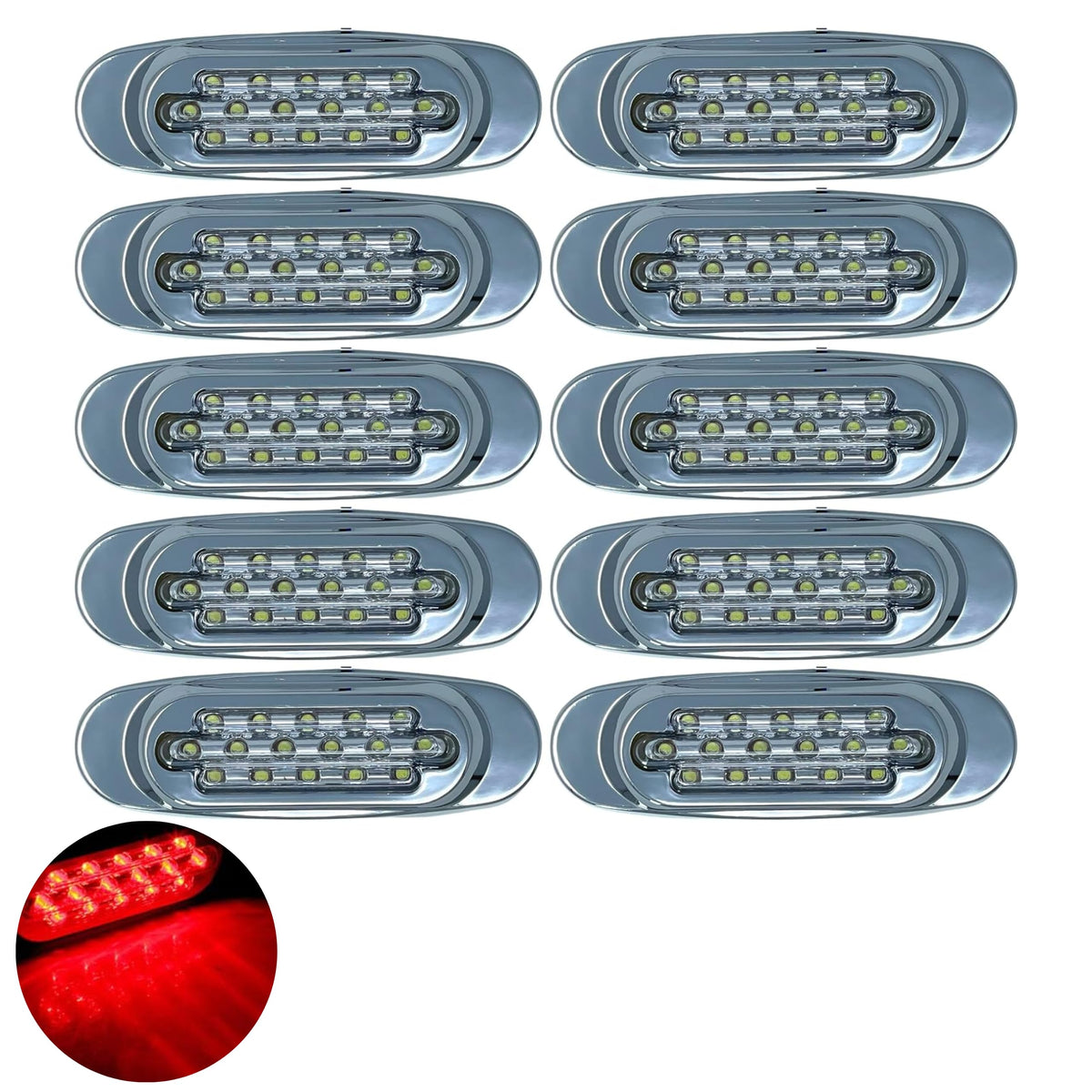 6.5" Inch Amber/Red/White LED Side Marker Lights Clearance Chrome Base Bezel 16 Diodes Surface Mount Led Cab Panel Lights Turn Signals Sealed Waterproof 12V
