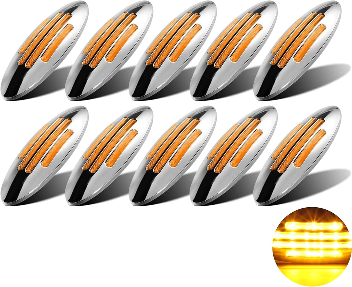 6-3/5 Inch Flatline Oval 24LED Side Marker Clearance Lights Chrome Bezel DOT Approved with Bullet Plug, Front Fender Panel Lights for Semi Trucks, Flush Surface Mount, IP67 Waterproof