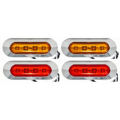 3.7" Oval Bar Style LED Lights Chrome Side/Rear Marker Clearance Truck Trailer Boat CAB RV Amber/Red Lens [4 LEDs] [Chrome Bezel] [IP 67 Submersible Waterproof]