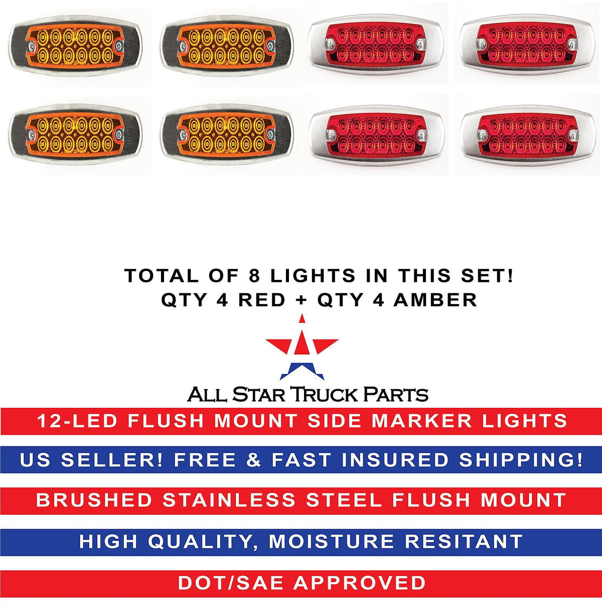 6.2" LED Marker Clearance Light 12 LED Amber/Red Trailer Lights Surface Mount Sealed 6-1/5" Amber/Red Rectangular Spyder Fish Shape Marker & Clearance Lights Stainless Steel Rim Bezel 12V