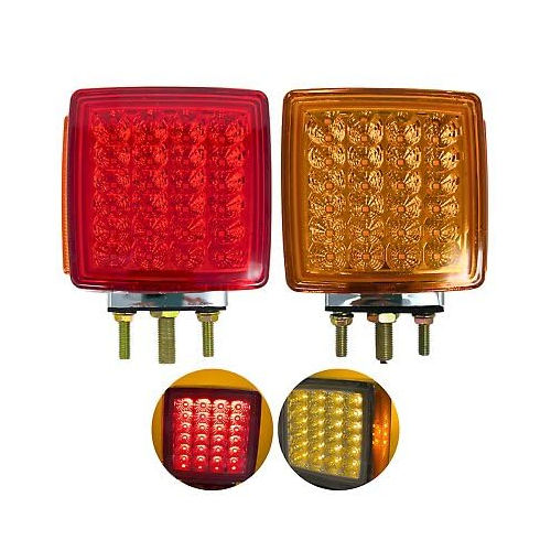 2pc Amber/Red 51 LED Clear Lens Double Face Stud Mount Pedestal Fender Stop Turn Tail Light Heavy Truck Trailer Peterbilt Freightliner Kenworth Mack Western Star Left & Right Side