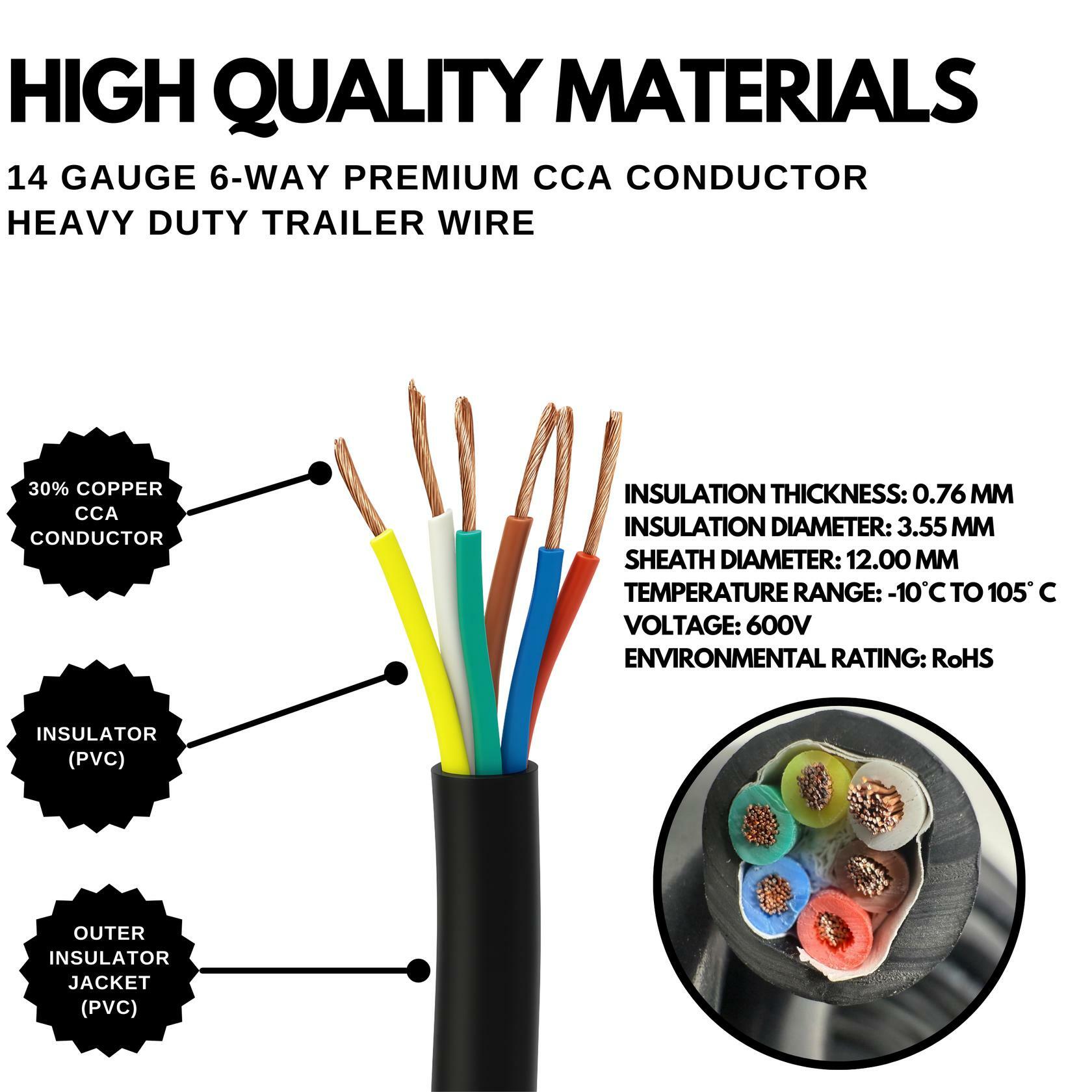 6 Way Trailer Wire Heavy Duty 14 AWG/Gauge CCA 6 Conductor Wire RV Trailer Tow Campers Cable Cord Insulated Stranded Copper Clad Aluminum Conductor Flexible Color-Coded DOT SAE Approved 25/50/100 FT