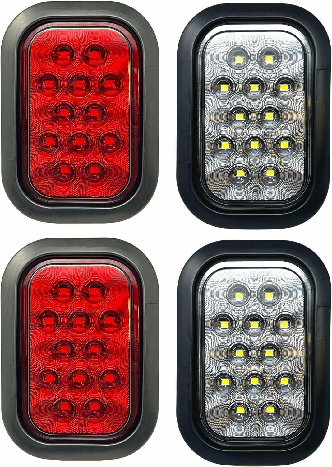 5x3 Red/White Rectangle Light 12 LED Stop/Turn/Tail Backup/Reverse Tow Truck Semi Trailer CM Flatbed Reading Postal Hitch Mounted RV Bus Grommet 3 Wire Pigtail Plug Kit 12V IP67