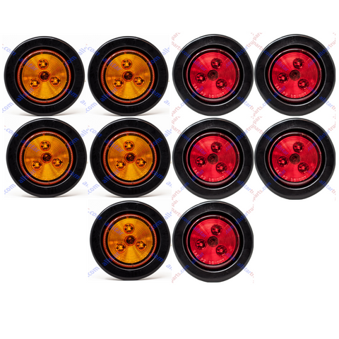 2" Round 3 LED Light Trailer Side Marker Clearance Grommet&Plug - 5 Amber+ 5 Red