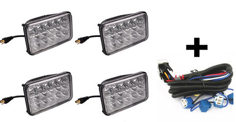 4 - 4x6" 15 LED Headlights & Ceramic Plug Harness H4656/4651 High/Low Beam 45W - All Star Truck Parts
